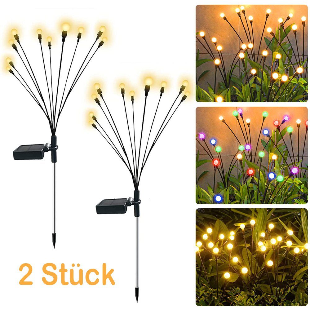 MUPOO LED Gartenleuchte LED-Lichterkette Leuchten Solarbetriebene IP65 wasserdicht. 2 Stück, 2 Stück, 6 LED-Leuchten, Solar Glühwürmchen Warmweißes/RGB,Garten Deko Glühwürmchen,6/8/10Köpfe