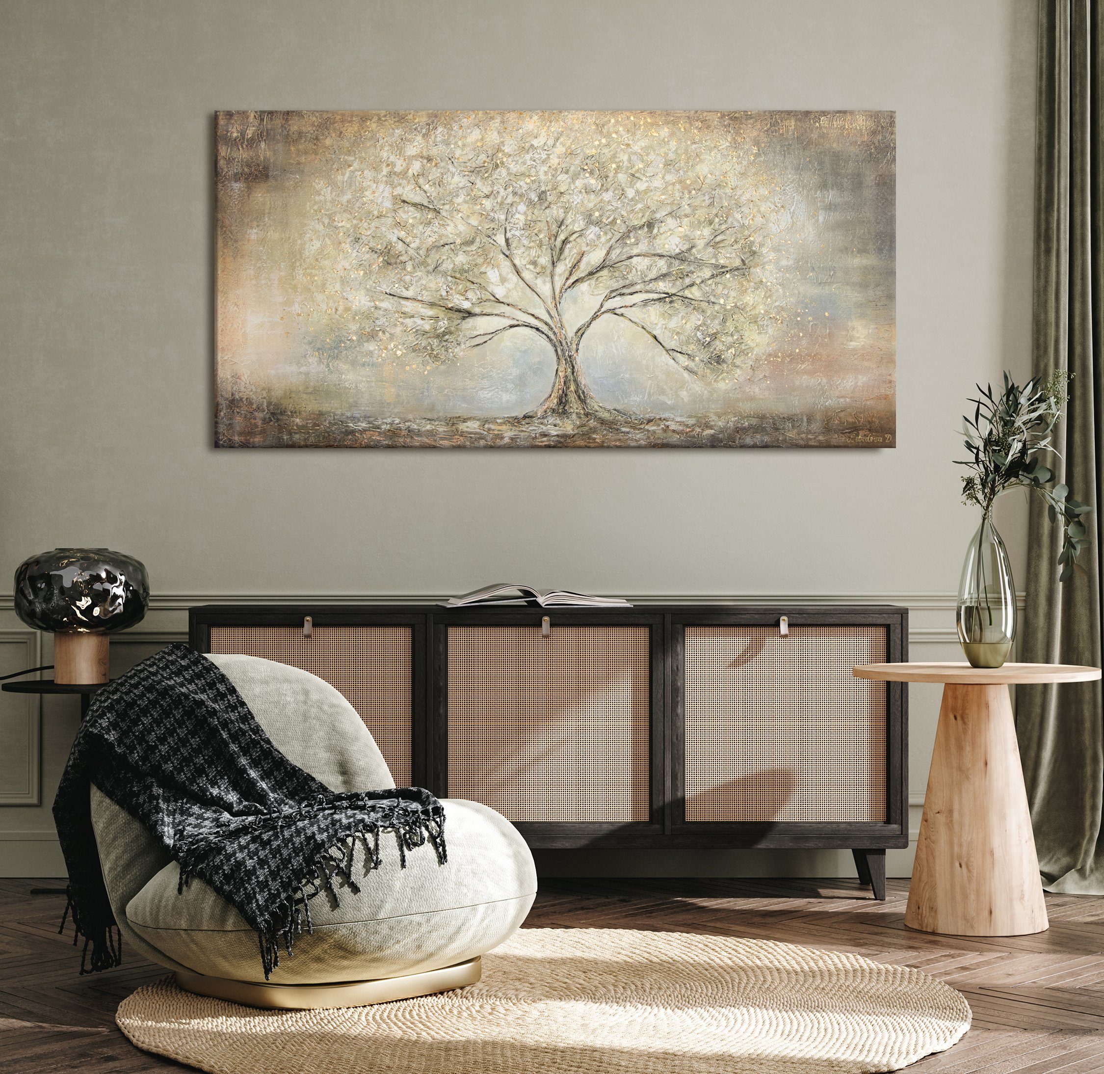 YS-Art Gemälde Goldbaum, Abstrakte Bilder, Leinwand Bild Handgemalt Gold Baum Stammbaum Braun
