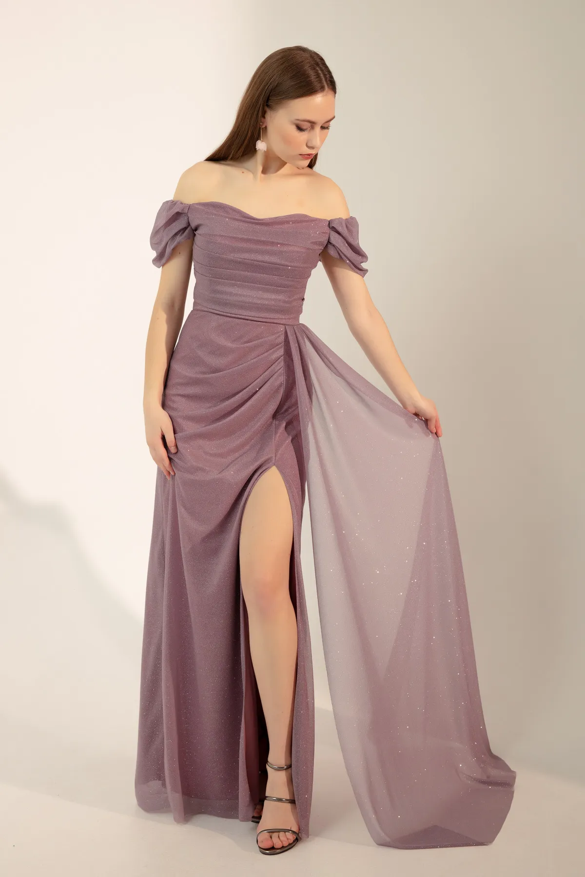 Lafaba  Damen-Abendkleid in Puderblau mit U-Boot-Ausschnitt, drapiertem Schlitz, langes Glitzer-Abendkleid