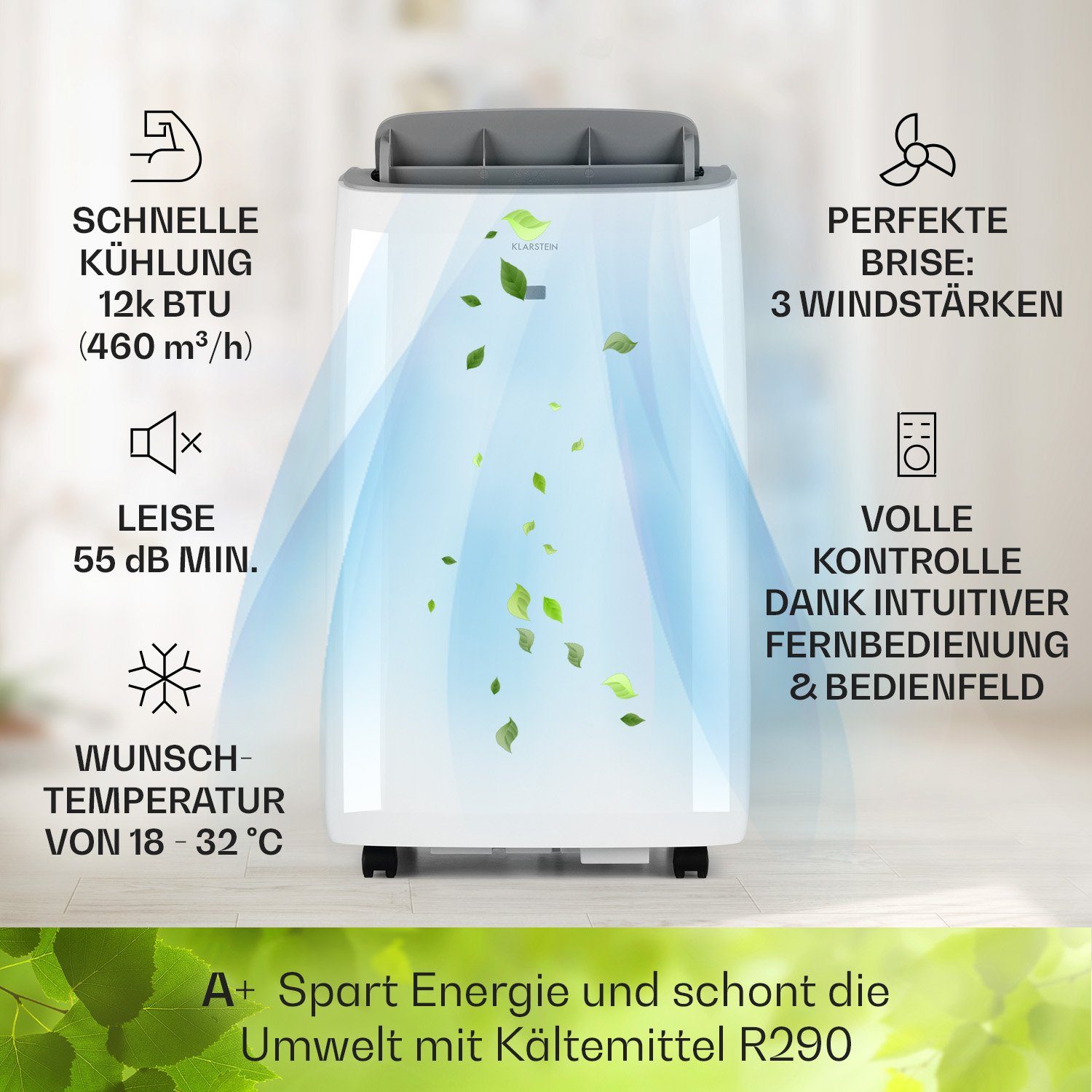 Klarstein Klimagerät Grandbreeze Eco 12K, Klimagerät mobil Air Conditioner Kühlgerät Luftkühler