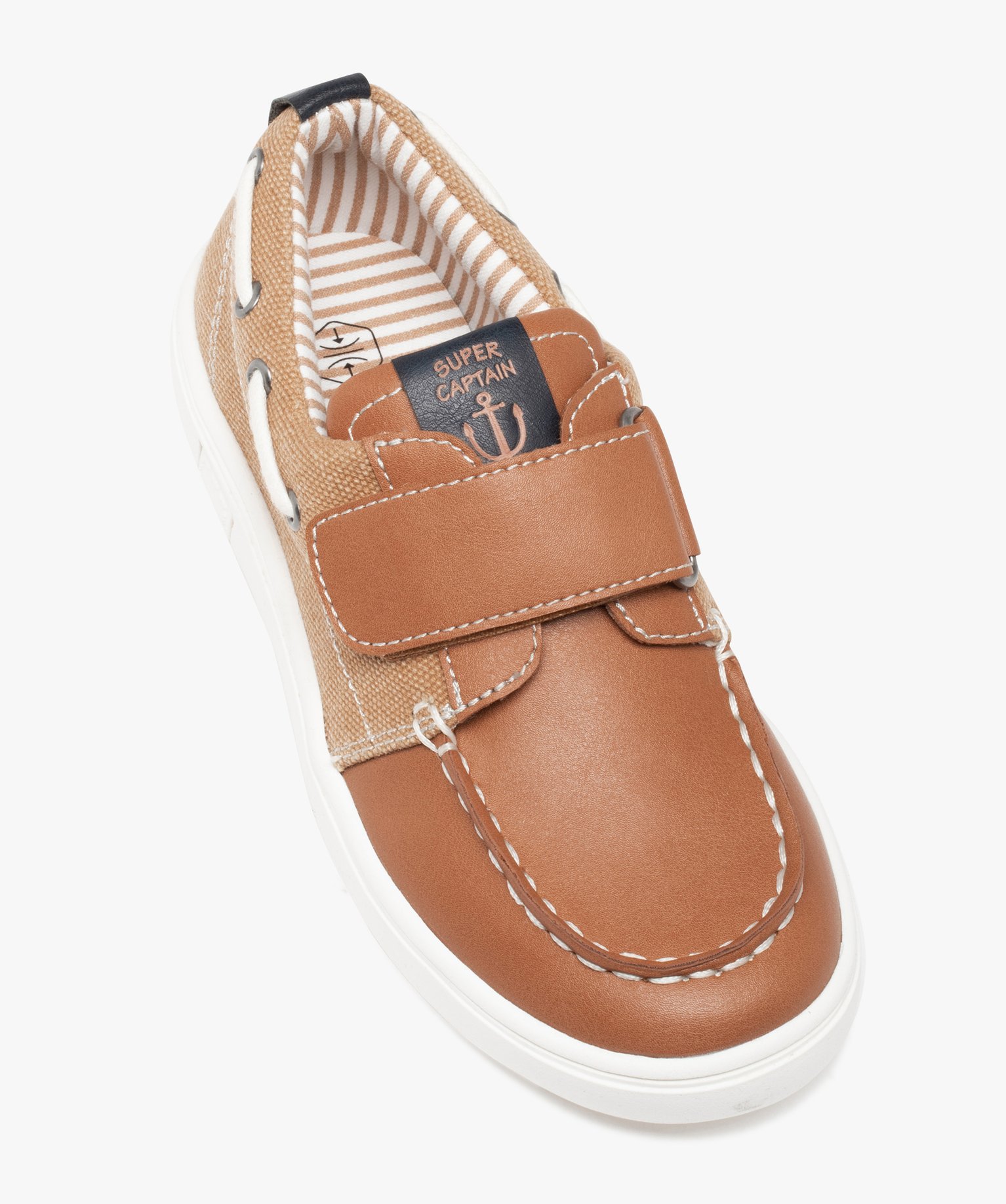 Chaussures bateau Garçon unies bi-matières à scratch camel | GEMO