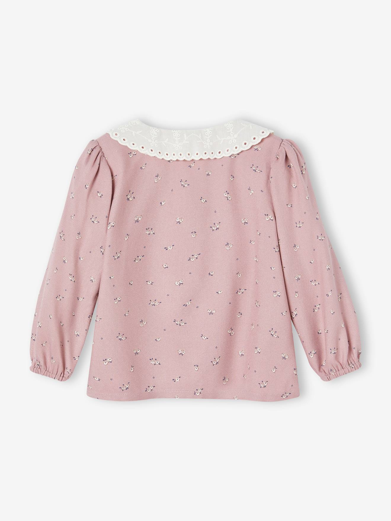 Blouse impriméé bébé col brodé vieux rose