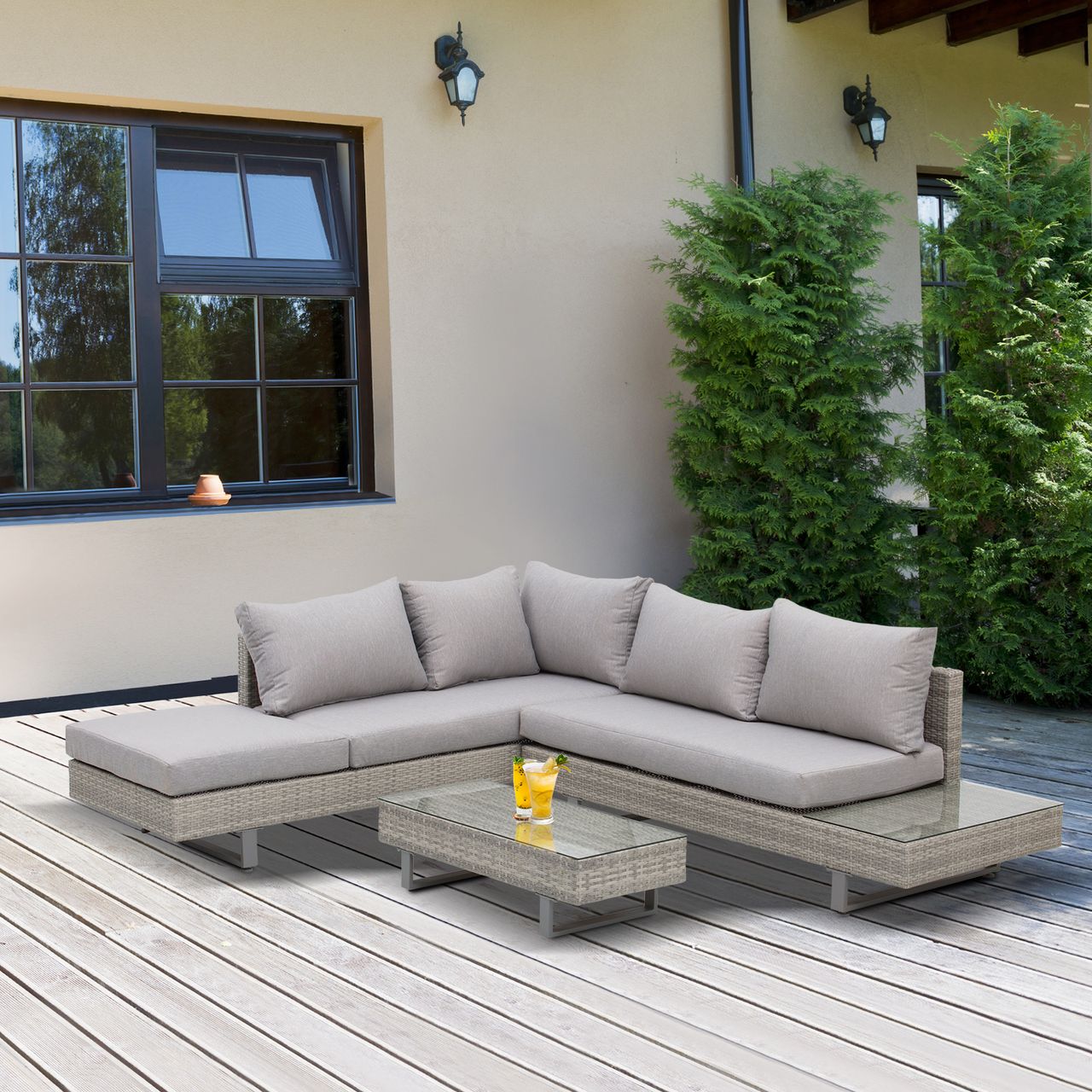 Outsunny 3-tlg. Luxus Gartengarnitur Polyrattan Garten Sitzgruppe mit Ablagen