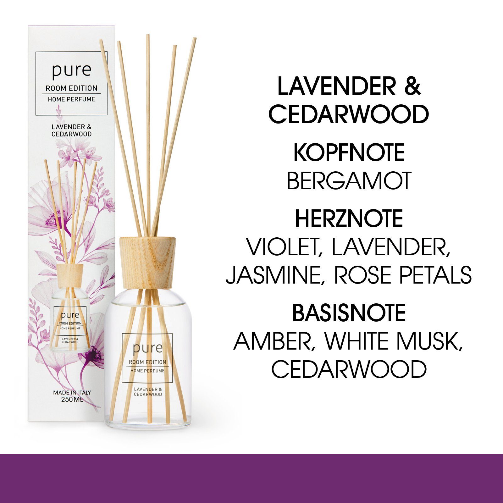 PURE ROOM EDITION Raumduft 250 ml (1 x 250 ml Lavendel & Zedernholz Raumduft + 5 Duftstäbchen)