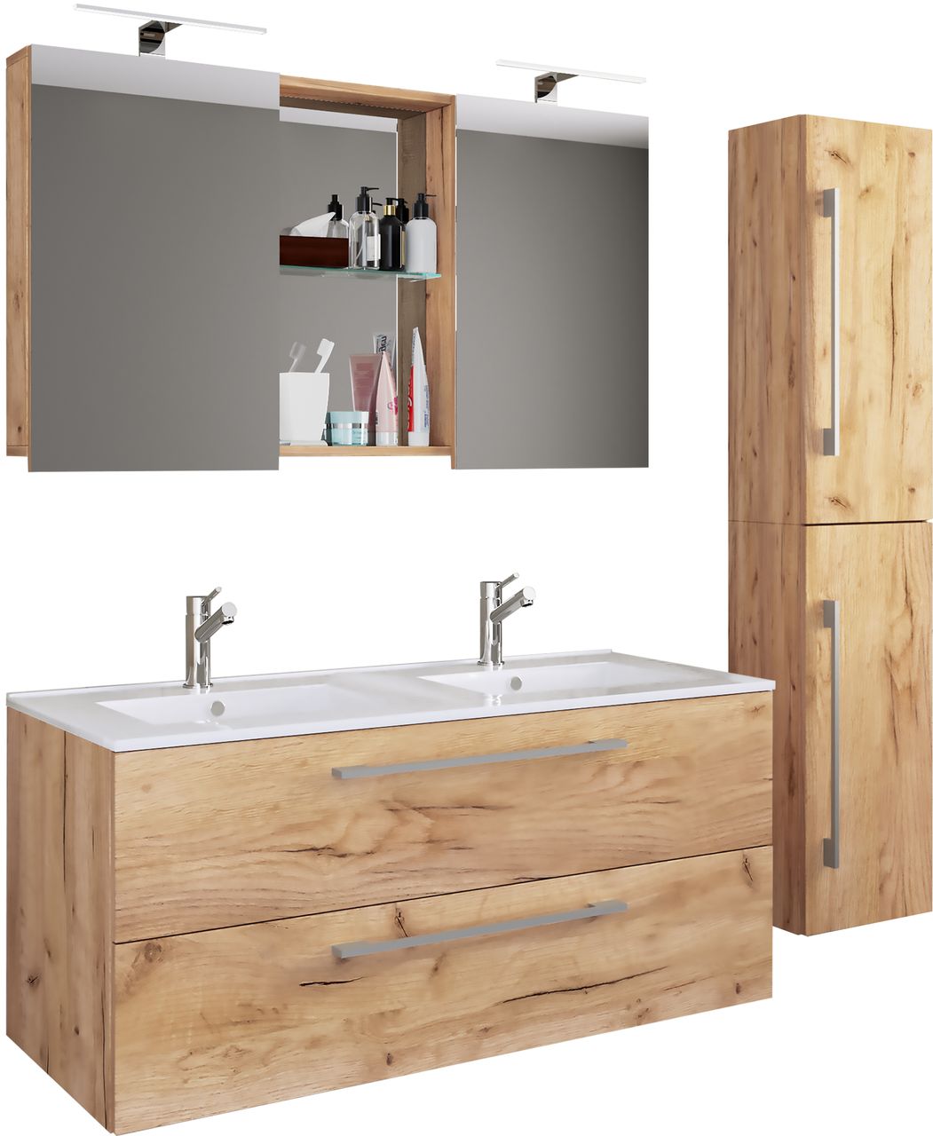 VCM 4-tlg. Waschplatz Budasi Spiegelschrank mit Hochschrank Honig-Eiche