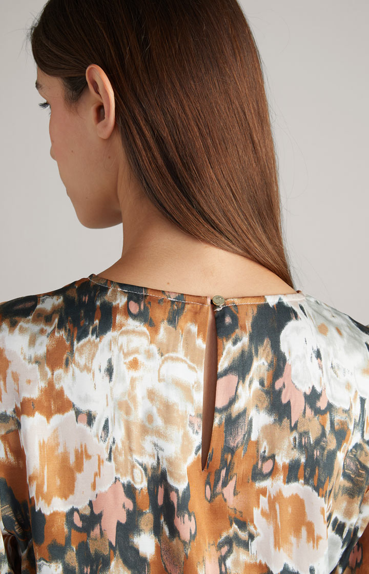 Satin-Langarm-Bluse in Braun/Schwarz/Ecru gemustert