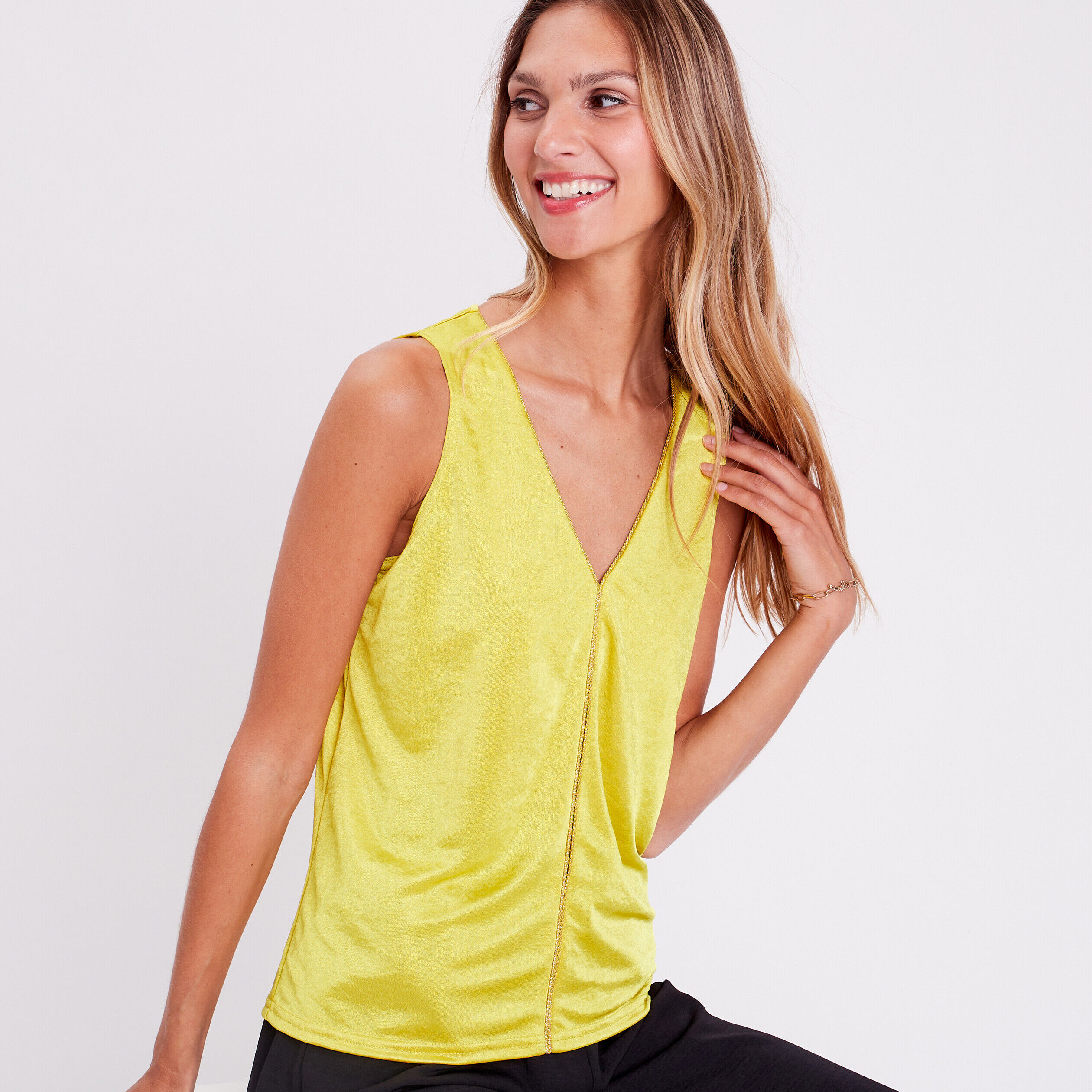 Blouse sans manches satin vert fluo femme | Cache Cache