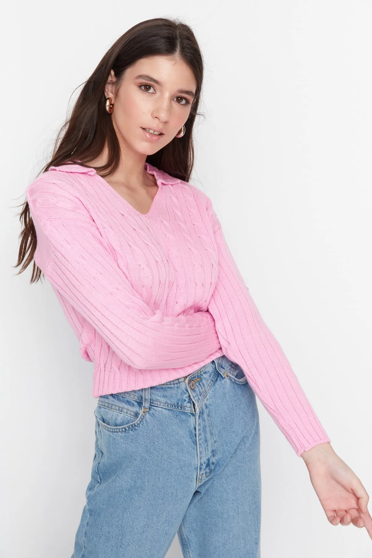 Trendyol Collection  Rosa Strickpullover mit detailliertem Muster TWOAW22KZ1506