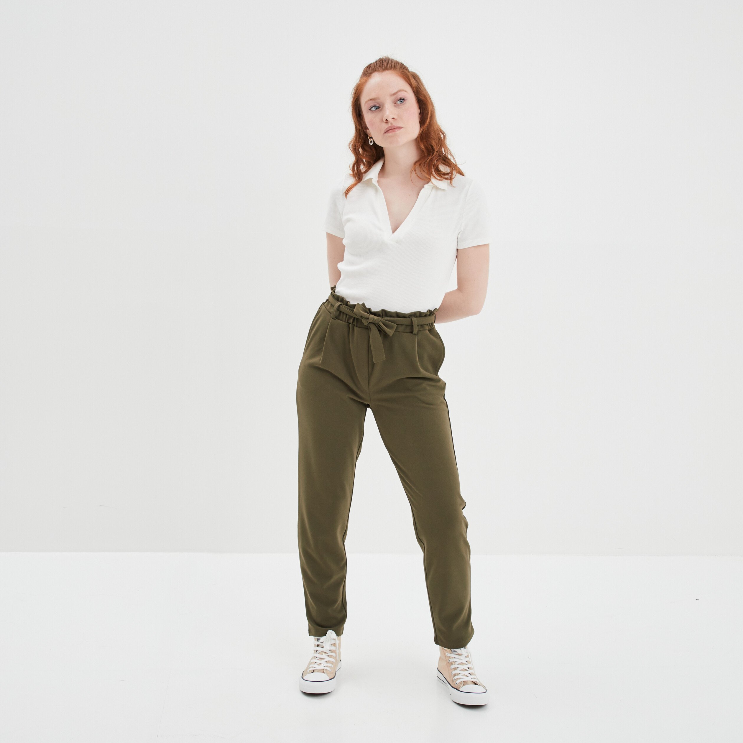Pantalon city paperbag ceinturé vert kaki femme | La Halle