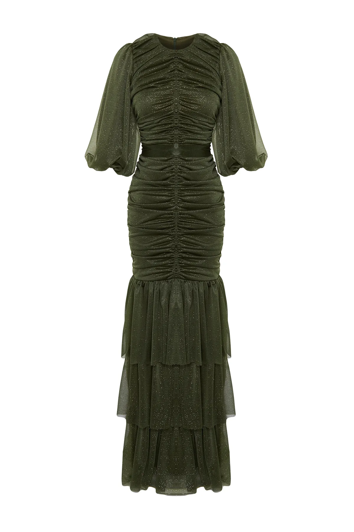 Trendyol Modest  Khakifarbenes, langes, silbernes Abendkleid mit Rüschen und Details TCTSS24DB00039