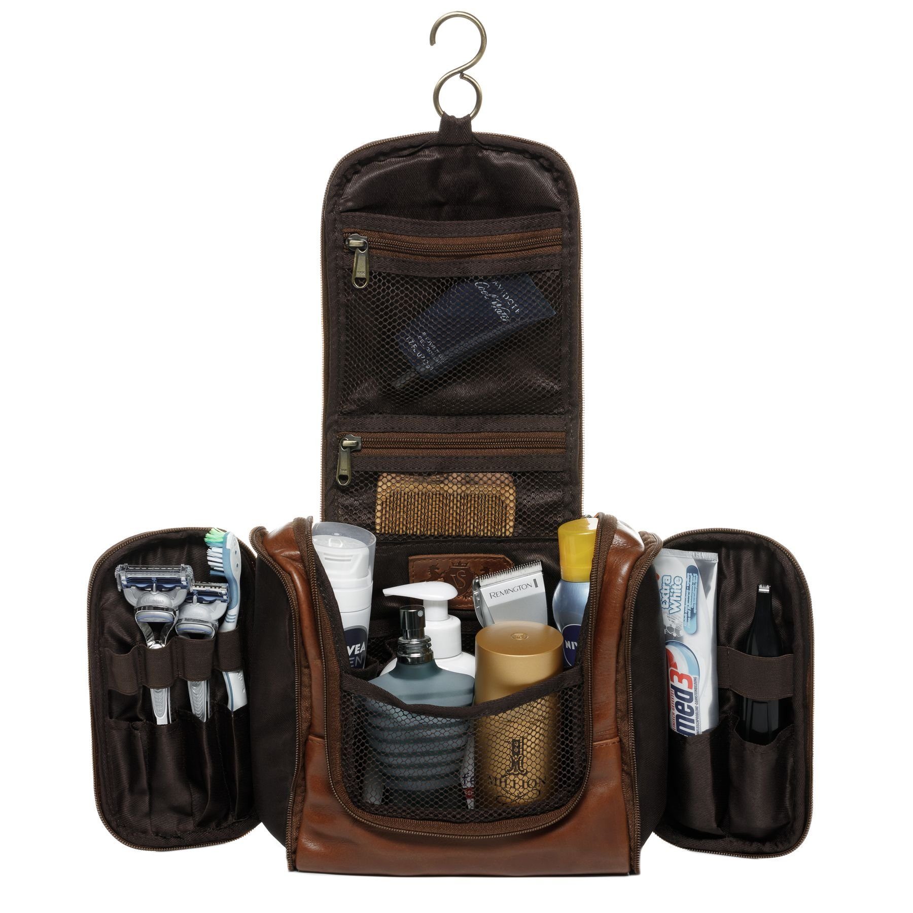SID & VAIN Kulturbeutel Leder Kulturtasche Unisex DEXTER, Waschbeutel Echtleder für Damen & Herren, Kosmetiktasche hellbraun