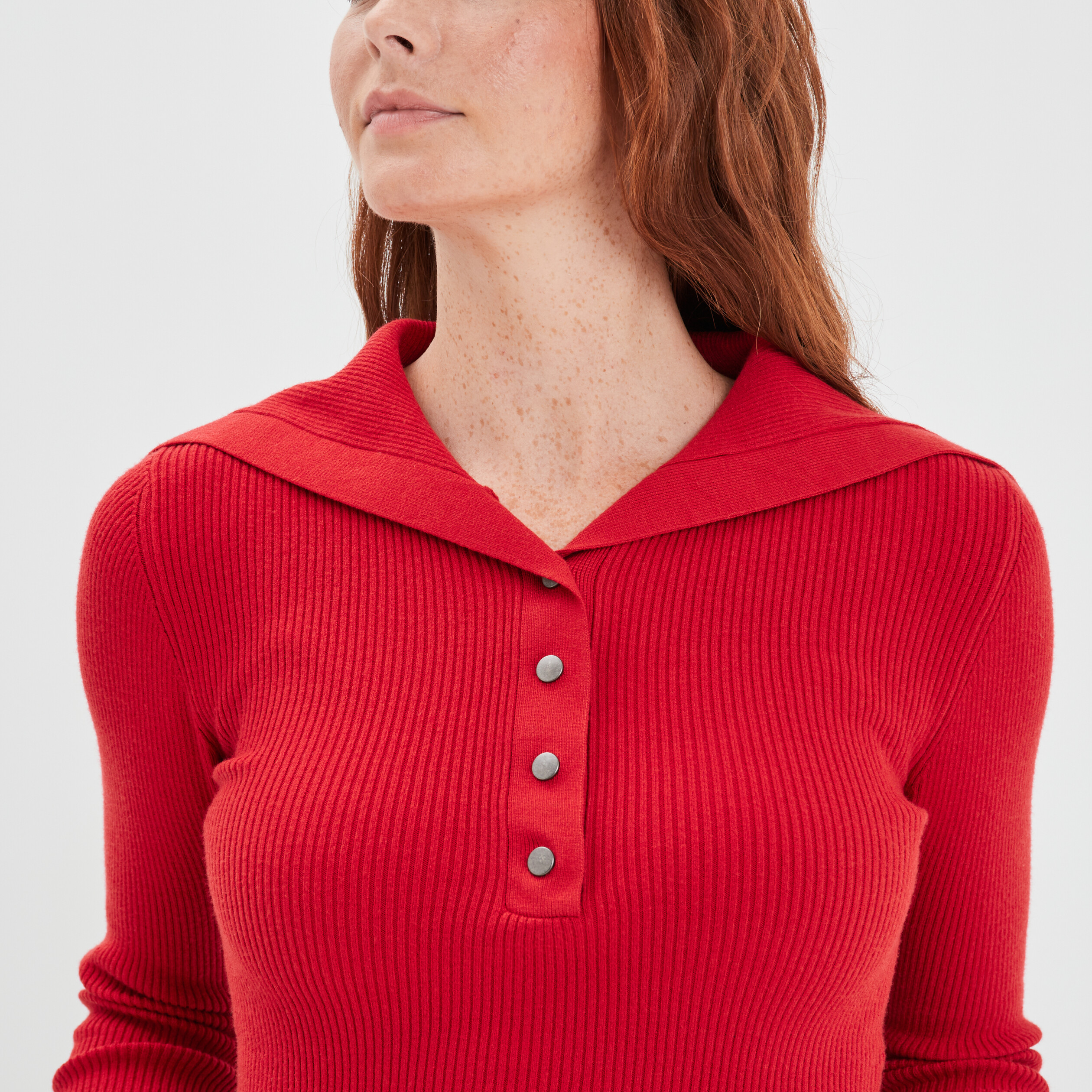 Pull col camionneur boutonné Liberto rouge foncé femme | La Halle