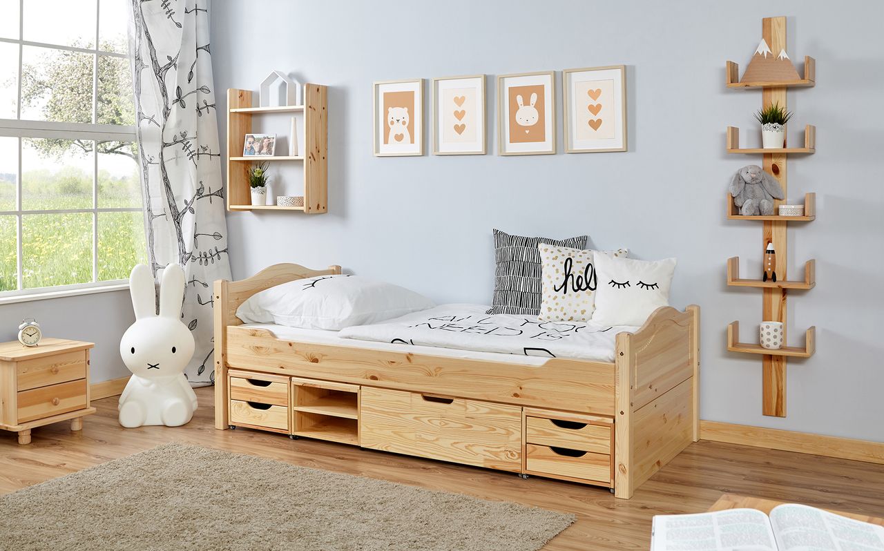 Ticaa Einzelbett Leni Kiefer Var 3 - mit 4er Funktionsschubkasten