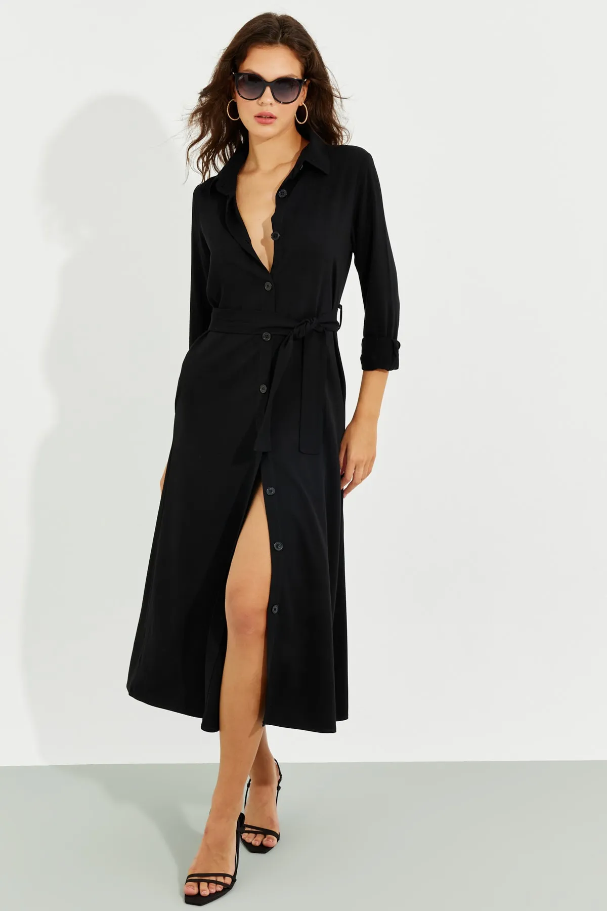 Cool & Sexy  Schwarzes Midi-Hemdkleid mit Tasche für Damen BK1683