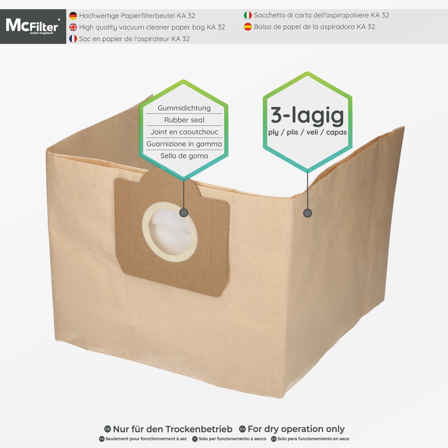 McFilter Staubsaugerbeutel (10 Stück) geeignet für Kärcher 6.959-130.0, passend für Kärcher Nass-Trockensauger WD3 WD 3 und MV3 MV 3 Staubsauger, Gummidichtring, hohe Reißfestigkeit, ungeeignet für Fein - und Schleifstaub, 10 St., Filterpapier, 3-lag