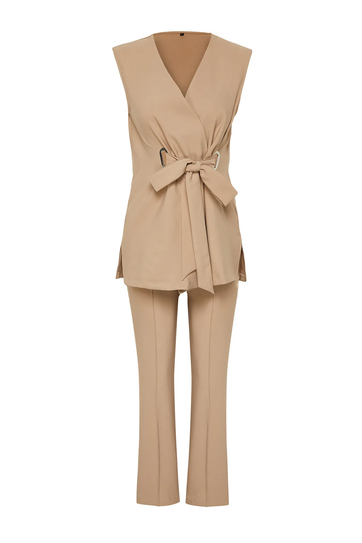 Trendyol Modest  Kamel Accessoire Detailliertes gewebtes Stoff-Westen-Hosen-Unterteil-Top-Set TCTSS24US00035