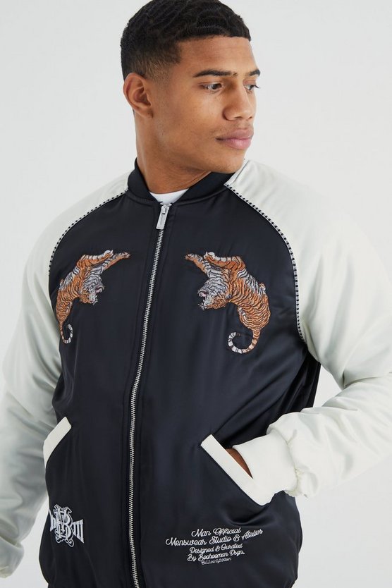 Satin Souvenir-Bomberjacke mit Stickerei