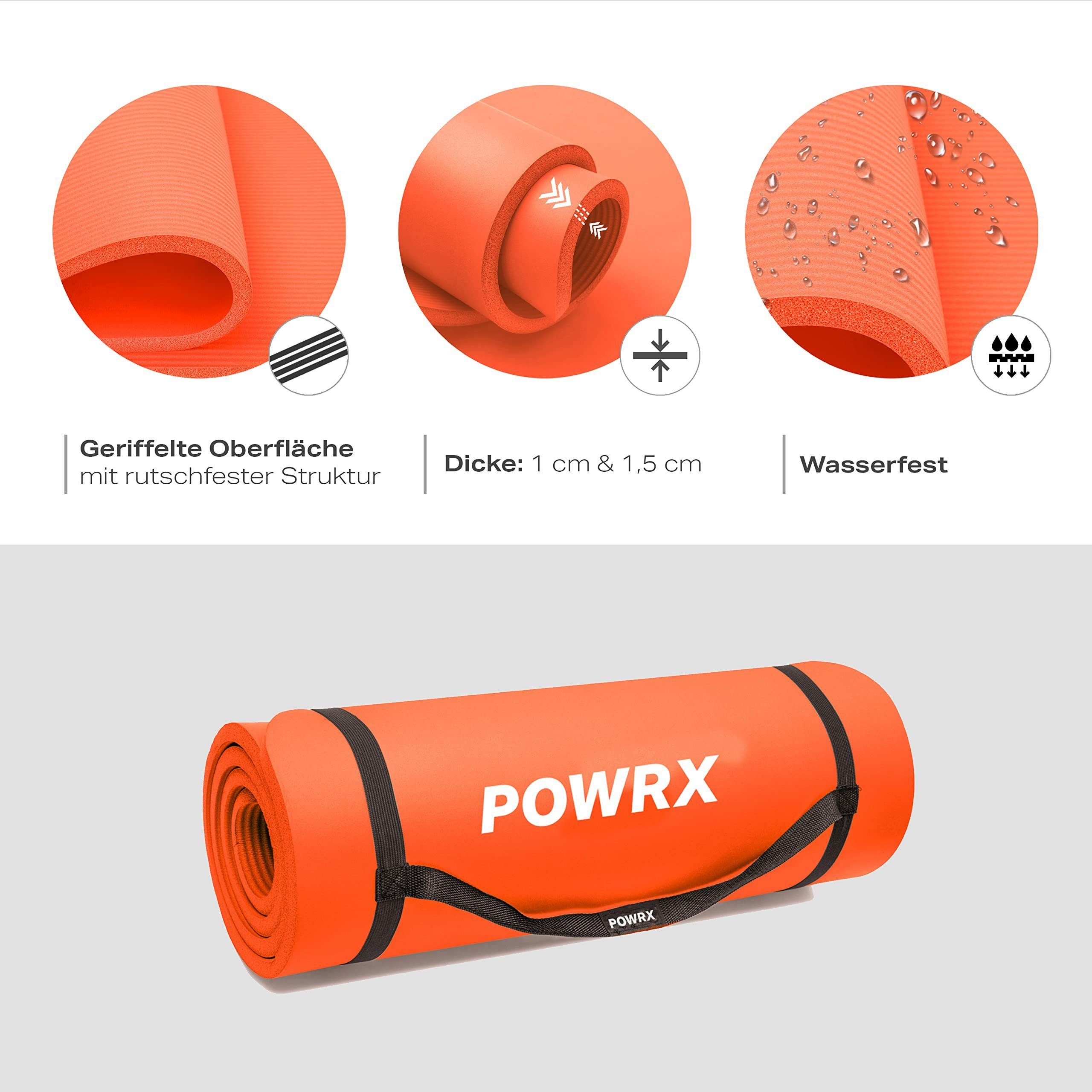 POWRX Yogamatte Gymnastikmatte Yoga-Matte (Orange, 190x60cm) inkl. Trageband + Tasche., Orange 190 X 60 X 1.5 Cm Nitril-Butadien-Kautschuk