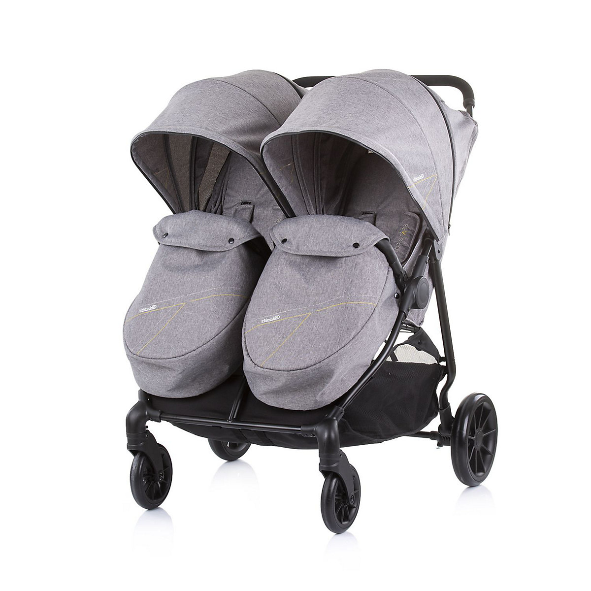 Zwillingskinderwagen Top Stars, 77 cm breit, Wickeltasche, Fußsack Geschwisterwagen