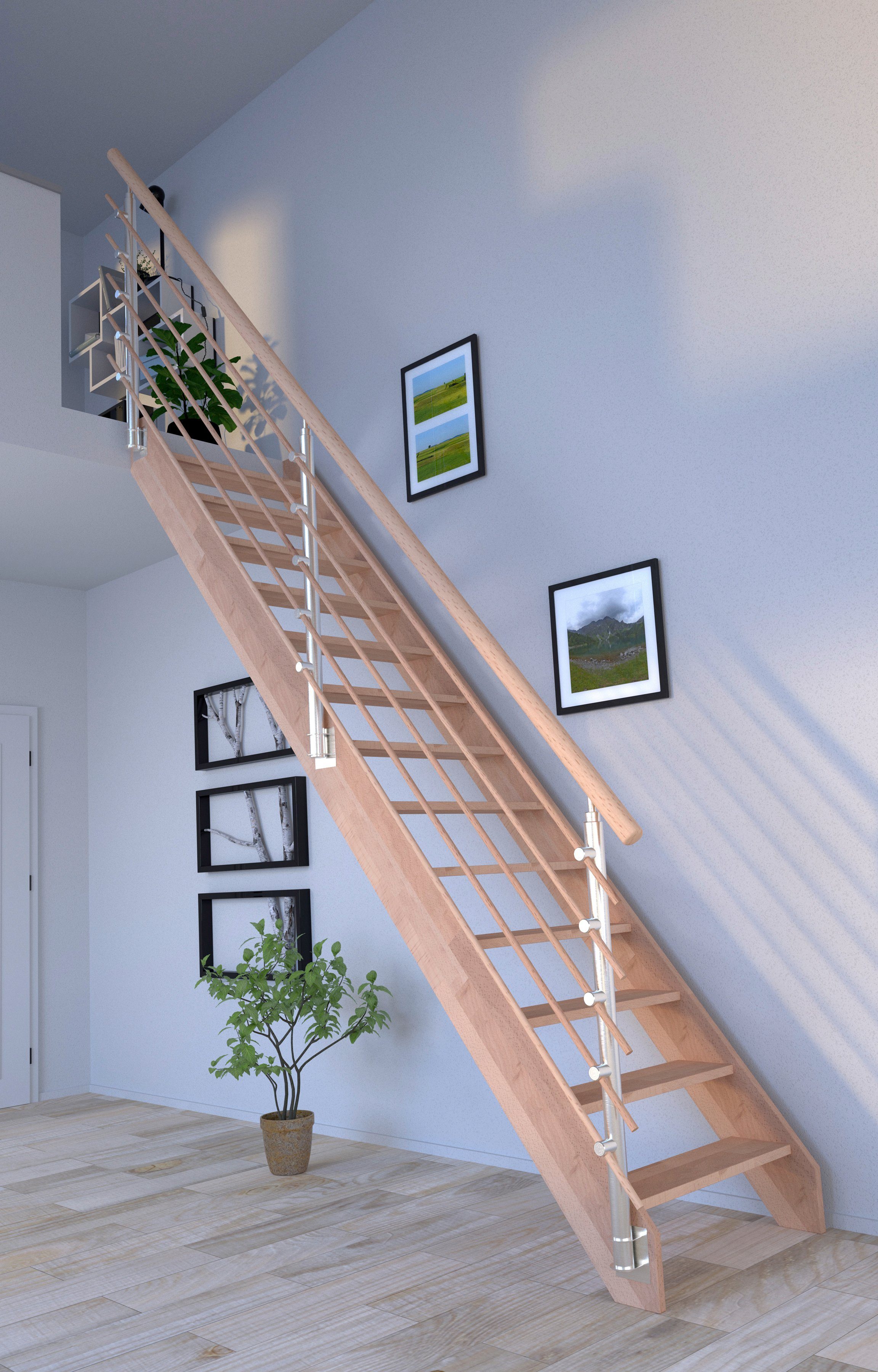 Starwood Raumspartreppe Massivholz Rhodos, Design-Geländer Holzrundstäb, für Geschosshöhen bis 300 cm, Stufen offen, Durchgehende Wangenteile