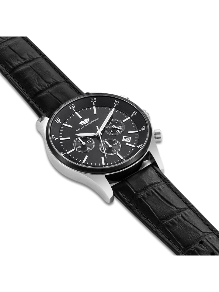 Rhodenwald & Söhne Herren Chronograph silber/schwarz Echtleder schwarz in schwarz günstig kaufen 21,5 cm