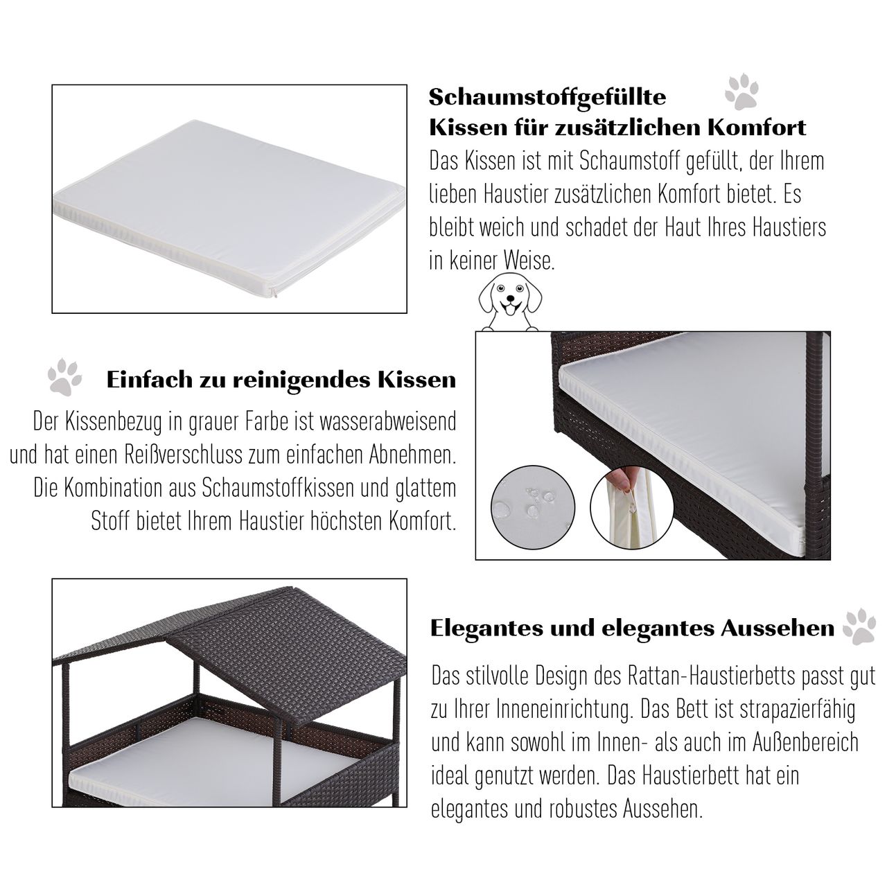 PawHut Rattan Hundehaus Hundebett Kissen Hausform Outdoor Hundehütte Stahl PP