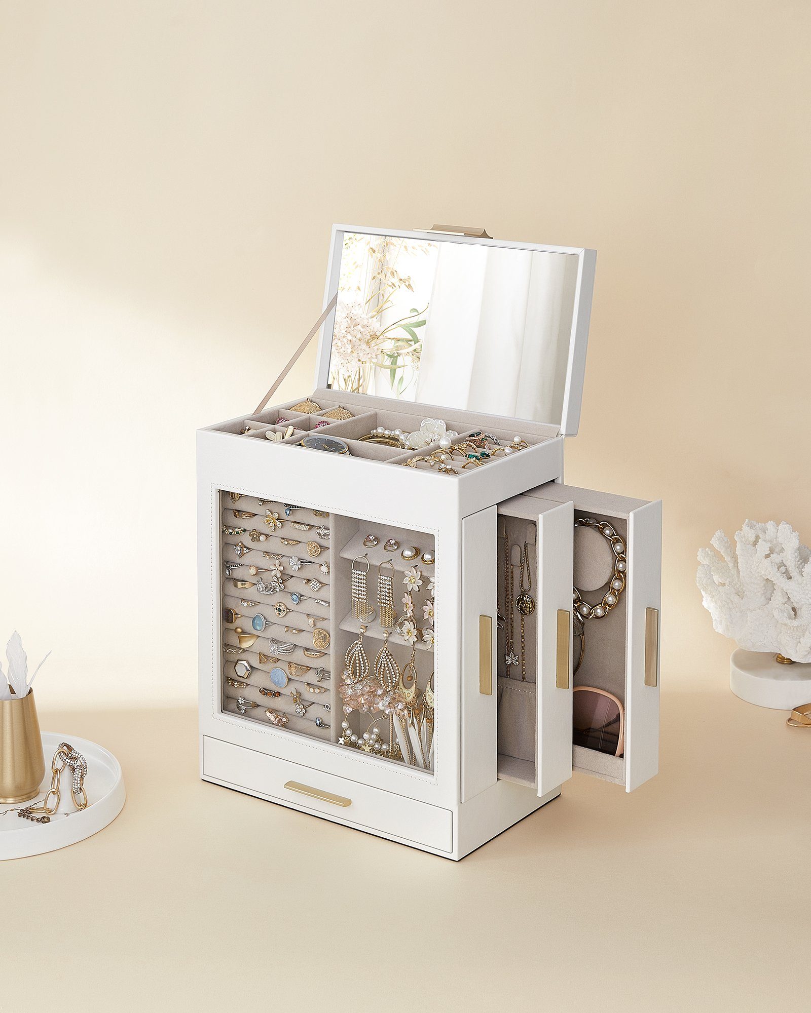 SONGMICS Schmuckkasten, 5 Ebenen, mit Glasdeckel, seitliche Schubladen