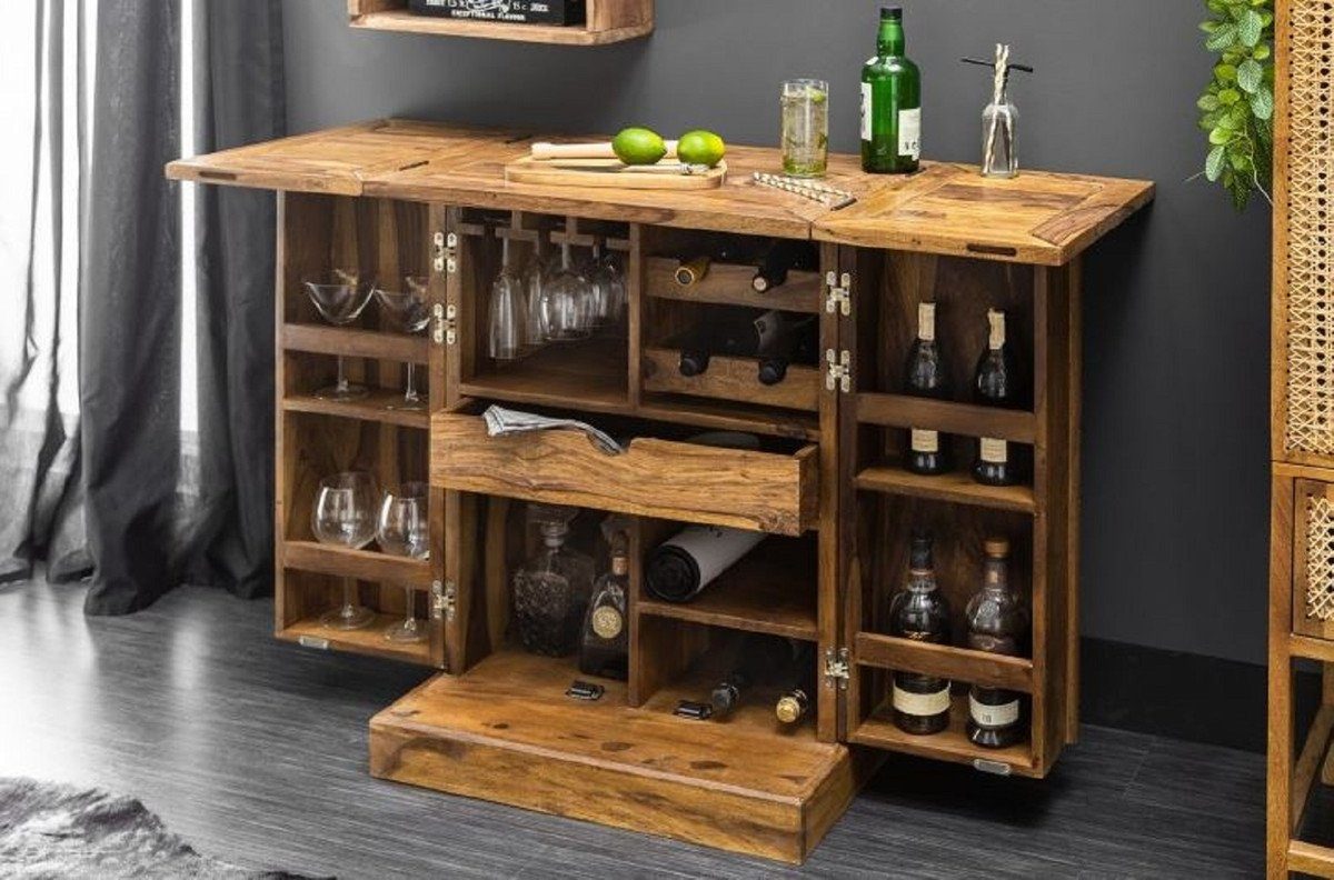 Casa Padrino Barschrank Designer Barschrank Naturfarben / Braun 65-130 x 50 x H. 90 cm - Moderner Massivholz Weinschrank mit 2 Türen und Schublade - Barmöbel