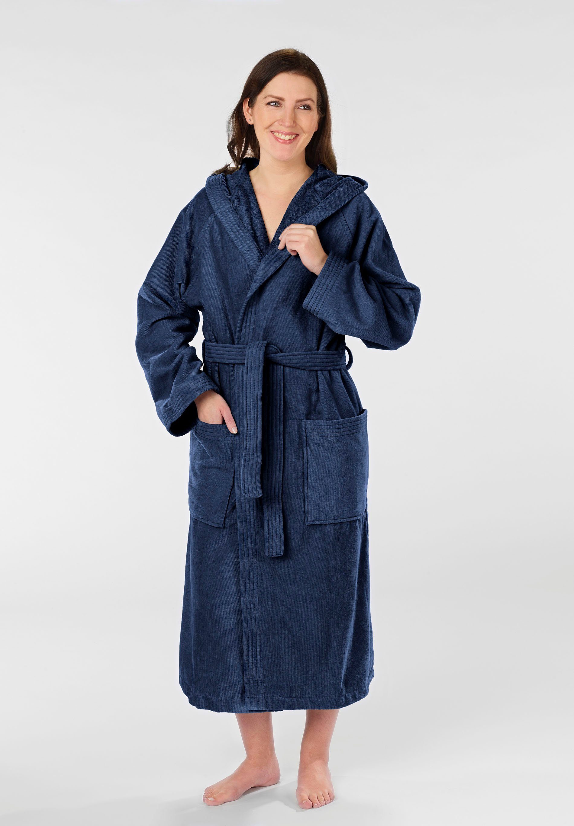 Biberna Unisex-Bademantel Meike, Langform, Frotteevelours, Kapuze, Gürtel, Velours Bademantel für Damen & Herren, mit Kapuze, feine Samt-Optik