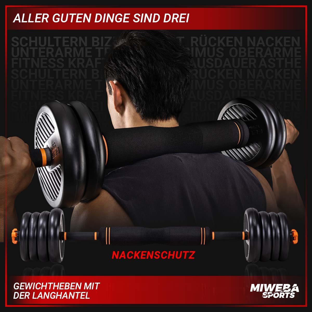 Miweba Sports Hantel-Set Premium FED 8in1 Hantel Set - 20/30 kg, (2,5-20 kg - Kurzhanteln Langhantel Kettlebell-Set Liegestützgriffe - 2 Farben - Betonfüllung - Stahl - Krafttraining Muskelaufbau Workout), Fitnesshanteln Gewichte Fitness Training Han