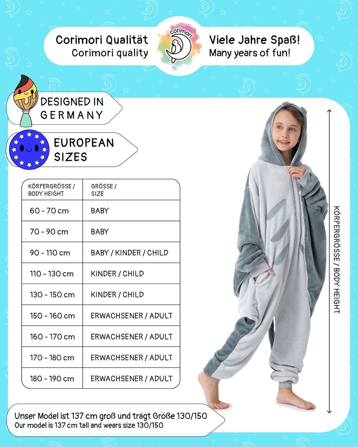 Corimori Jumpsuit Flauschiges Manta Rochen-Kostüm für Kinder (1-tlg) Karneval, Fasching, Onesie, Mädchen, Jungen, Jugendliche, Meeres-Tiere