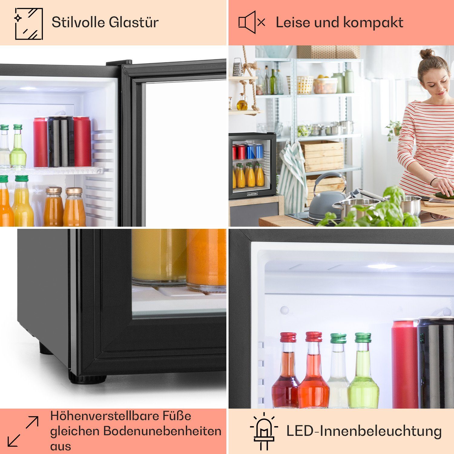 Klarstein Table Top Kühlschrank HEA-MKS-13 10005440A, 47 cm hoch, 38 cm breit, Hausbar Minikühlschrank ohne Gefrierfach Glastür klein Kühlschrank
