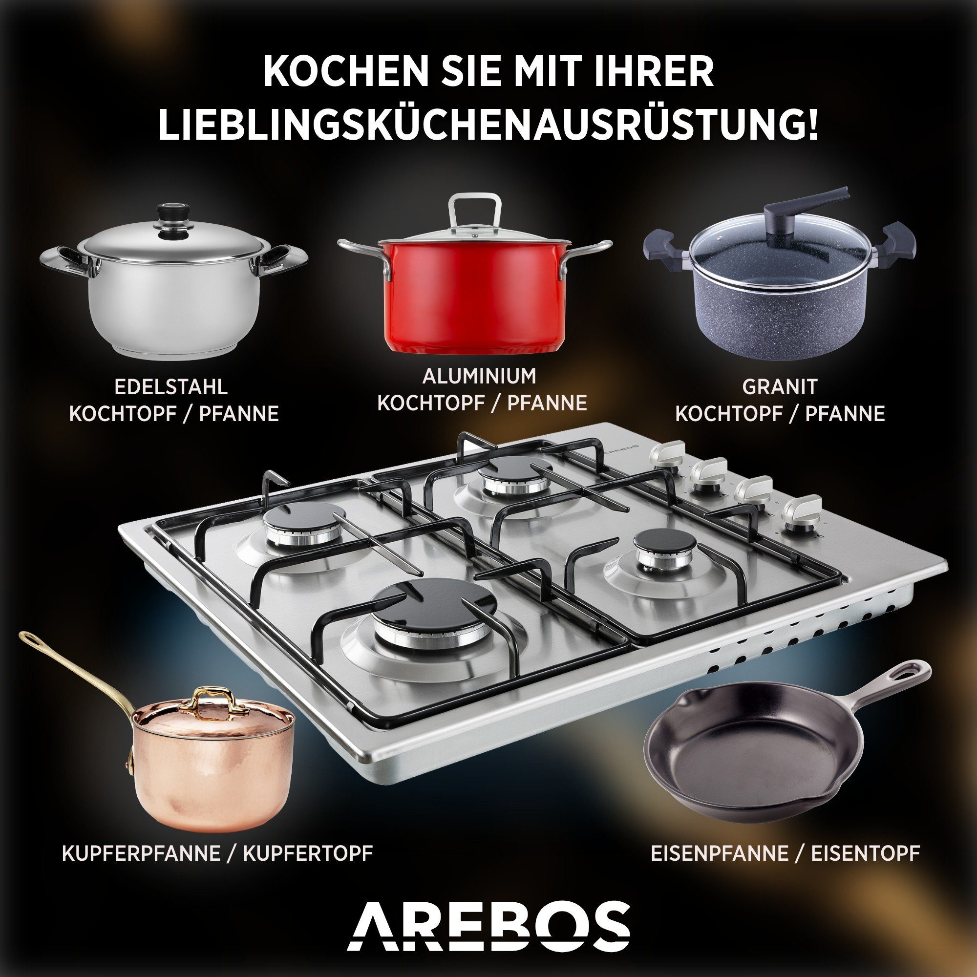 Arebos Gas-Kochfeld Gasherd AR-HE-GH58, Edelstahl, Geeignet für Erdgas oder Propangas, Gasherd, Gaskocher