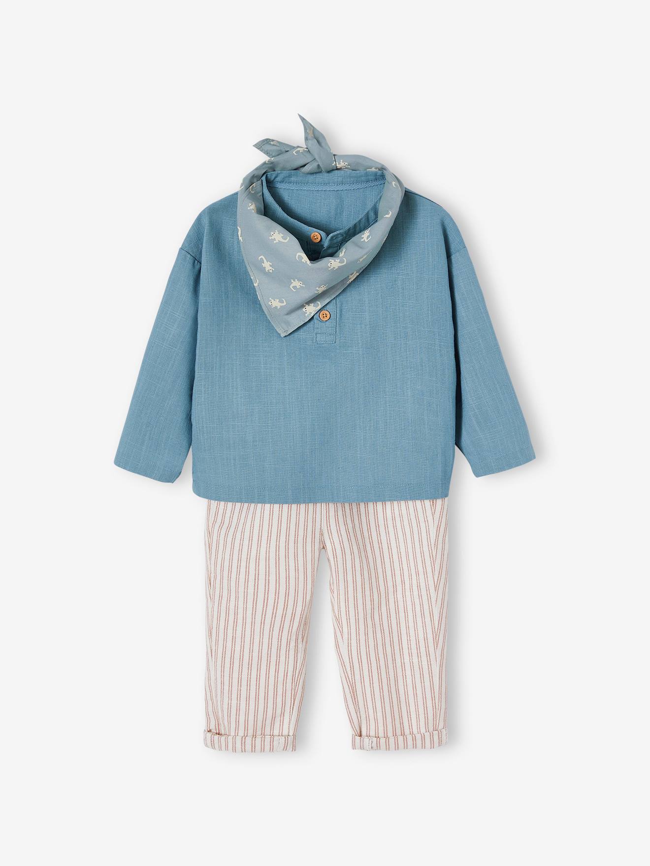 Ensemble 3 pièces bébé chemise + pantalon + bandana bleu ciel