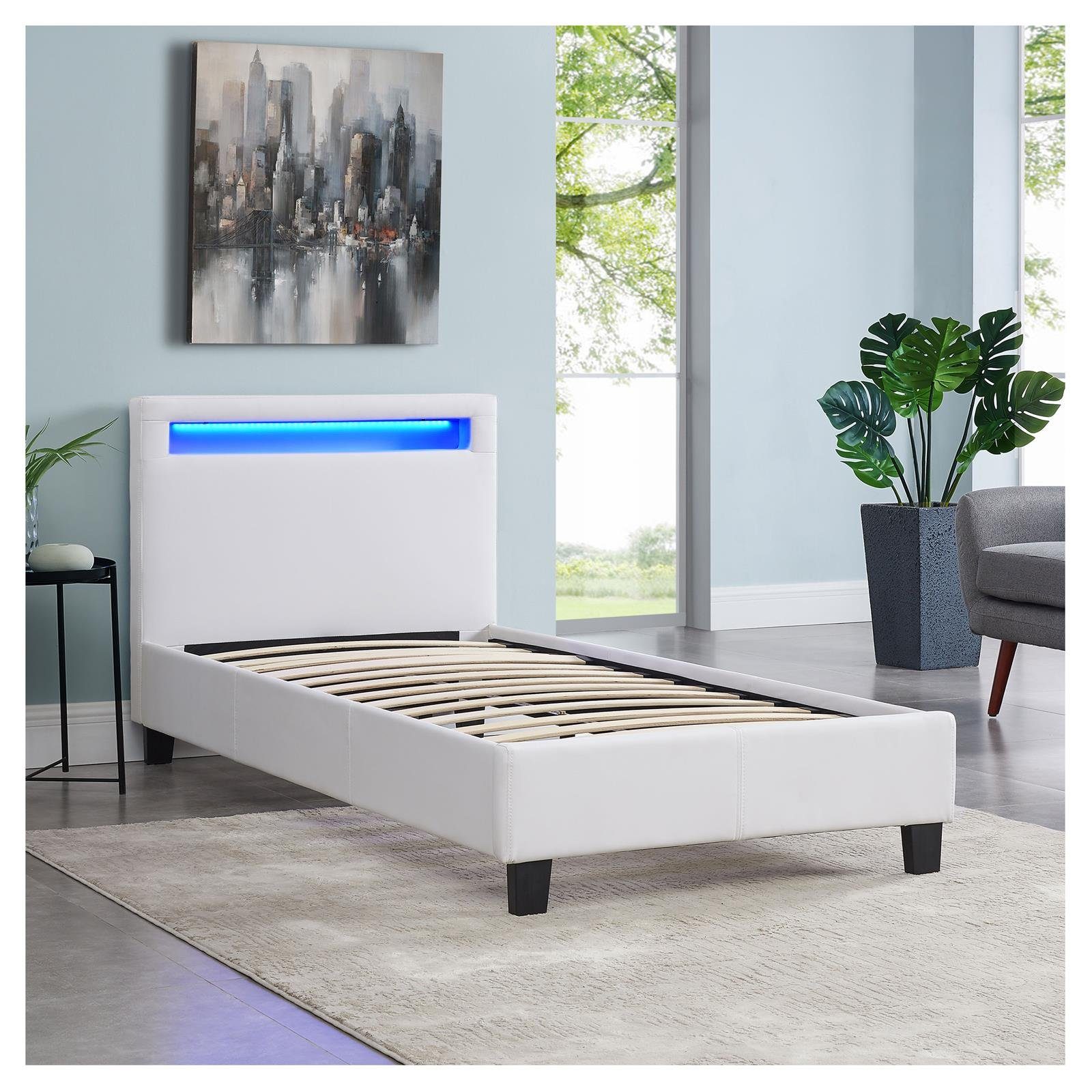 CARO-Möbel Polsterbett MANDALAY, Polsterbett Einzelbett Jugendbett Bettgestell mit LED 90 x 200 cm