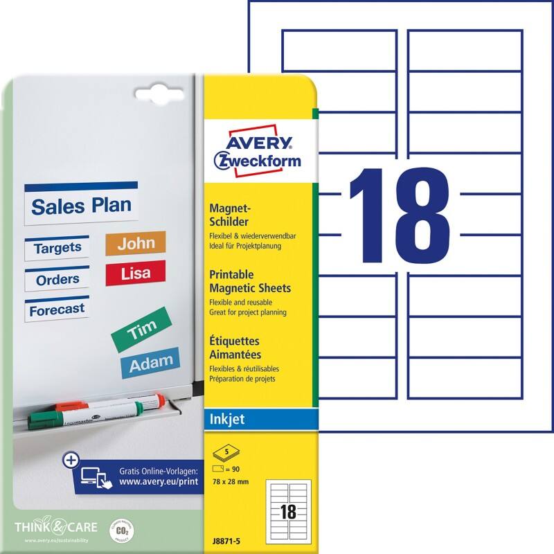 AVERY Zweckform J8871-5 Magnetschilder DIN A4 Weiß 78 x 28 mm 5 Blatt à 18 Etiketten