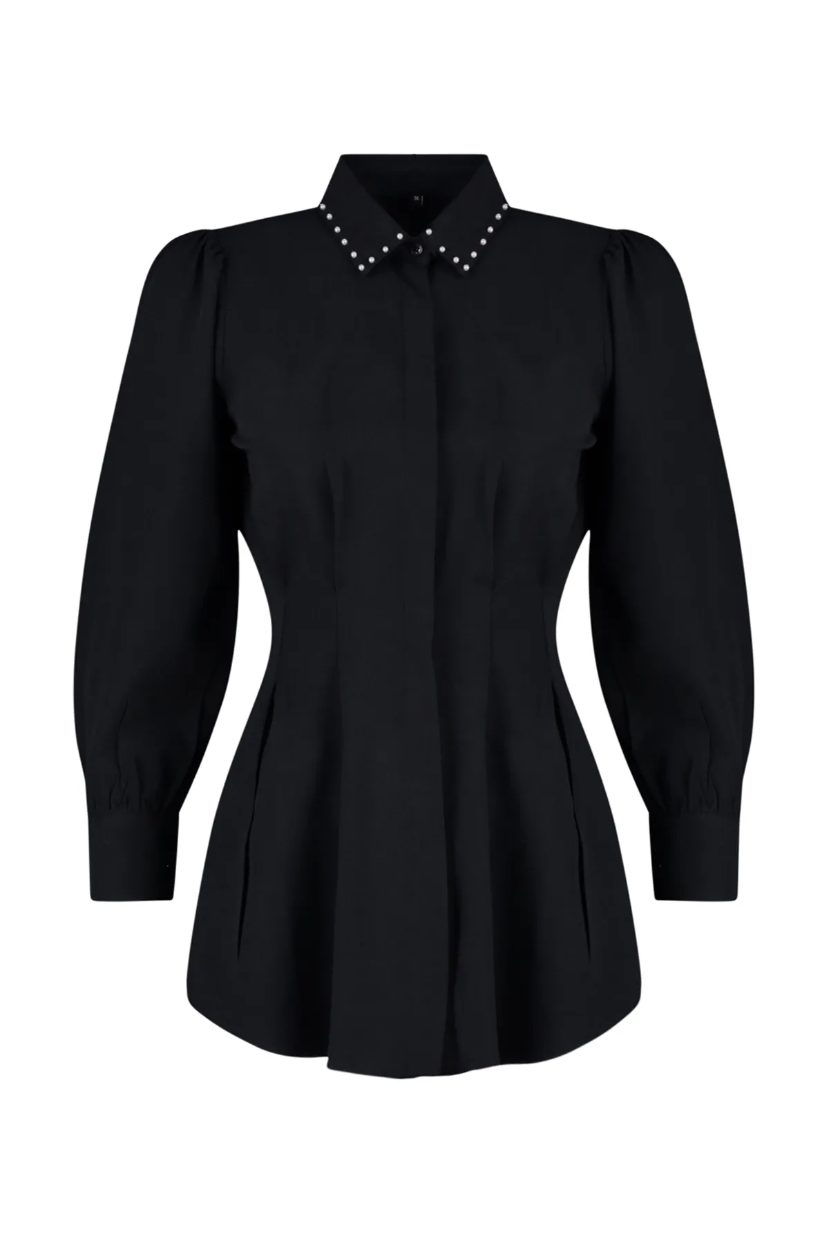Trendyol Modest  Schwarzes, taillenbesetztes, gewebtes Hemd mit Perlendetails TCTAW24TG00027