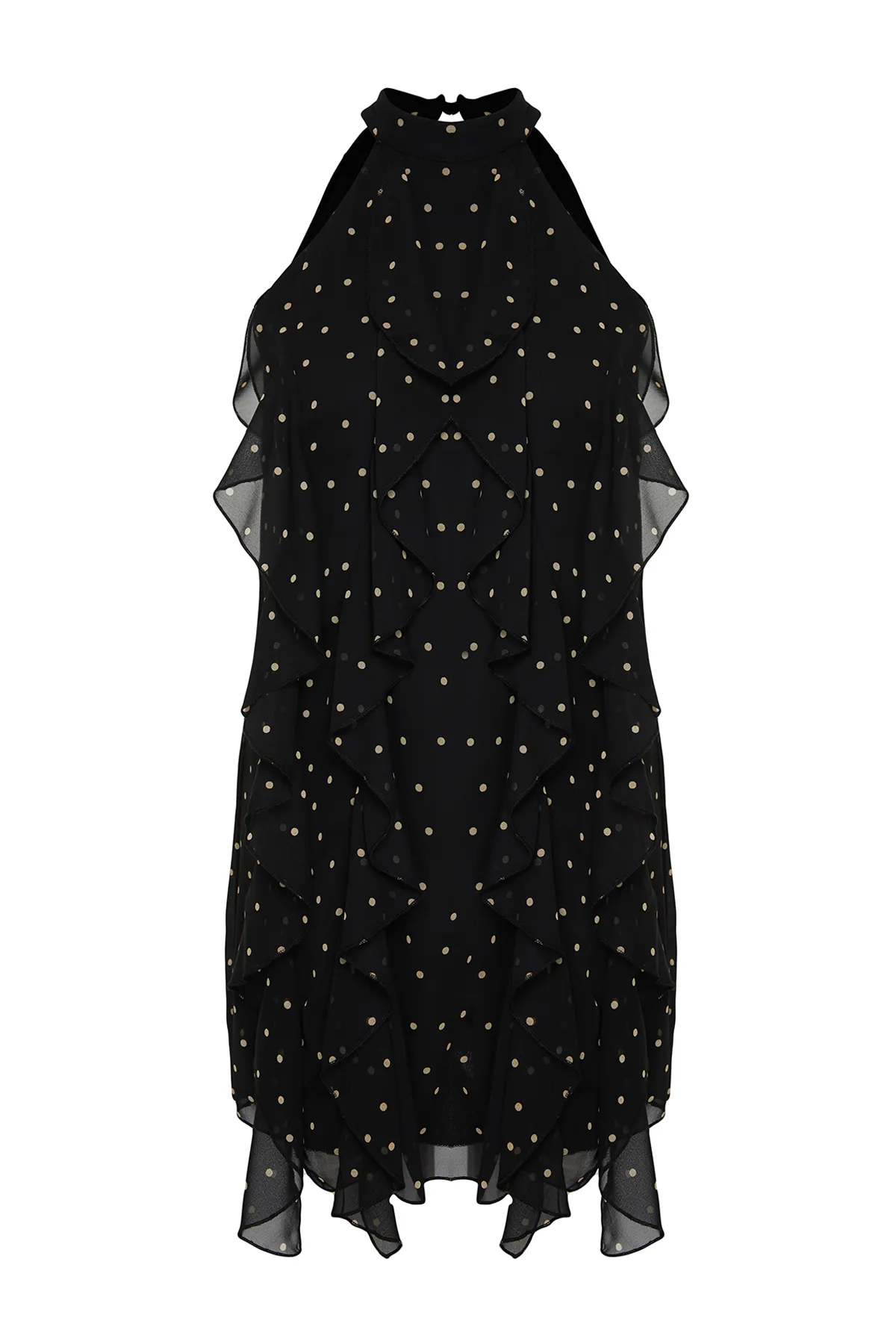 Trendyol Collection  Schwarzes gepunktetes, gefüttertes Minikleid aus Chiffon mit Volantdetail TWOSS24EL00540