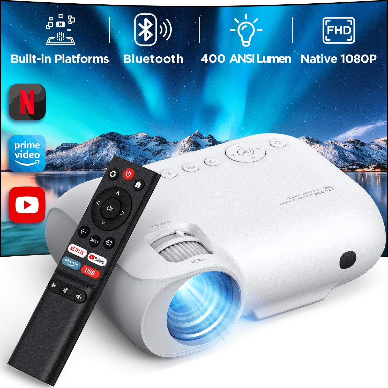 Yoton 450ANSI-Lumen, 1920x1080 px, 5G Beamer (Wird mit Netflix/Prime Video/YouTube-Software geliefert, Dolby-Sound)
