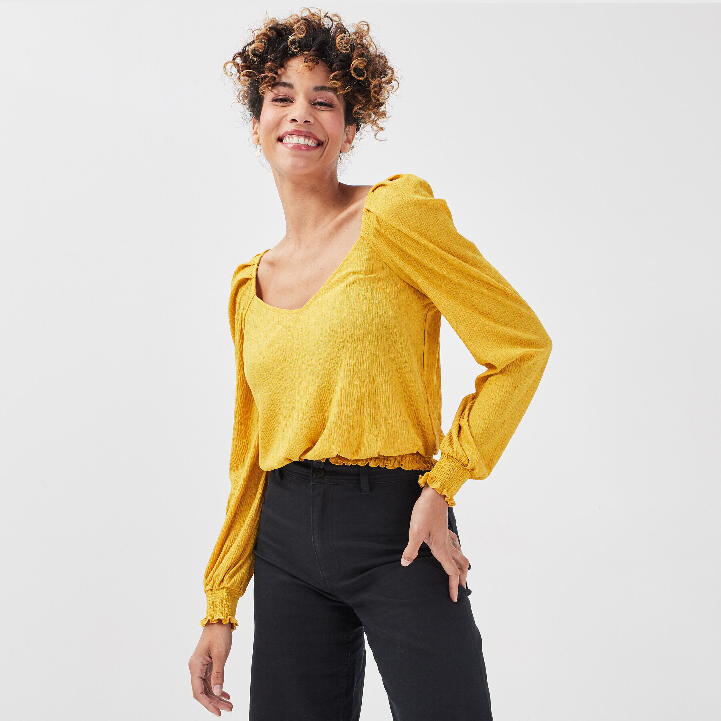 T-shirt manches longues jaune moutarde femme | Cache Cache