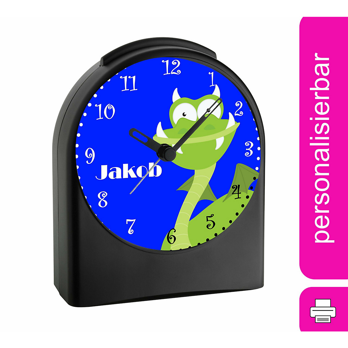 Kinder Funkwecker personalisiert mit Namen Drache grün Atom-/Funkuhr, 12-Stunden-Anzeigeformat, Schlummerfunktion, Nachtlicht, Geräuschlos/Ohne Ticken