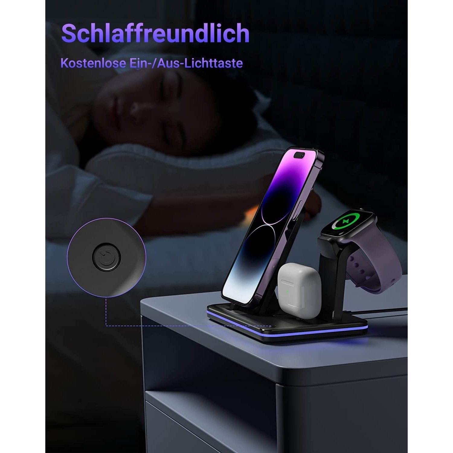 Yaviel Handy-Dockingstation Induktive Ladestation Apple 3 in1 für iPhone iWatch Airpods, (18W Kabellose Ladegerät, Kabellose Charger Lightning Kabel), Wireless Charger für Handy Charging Station