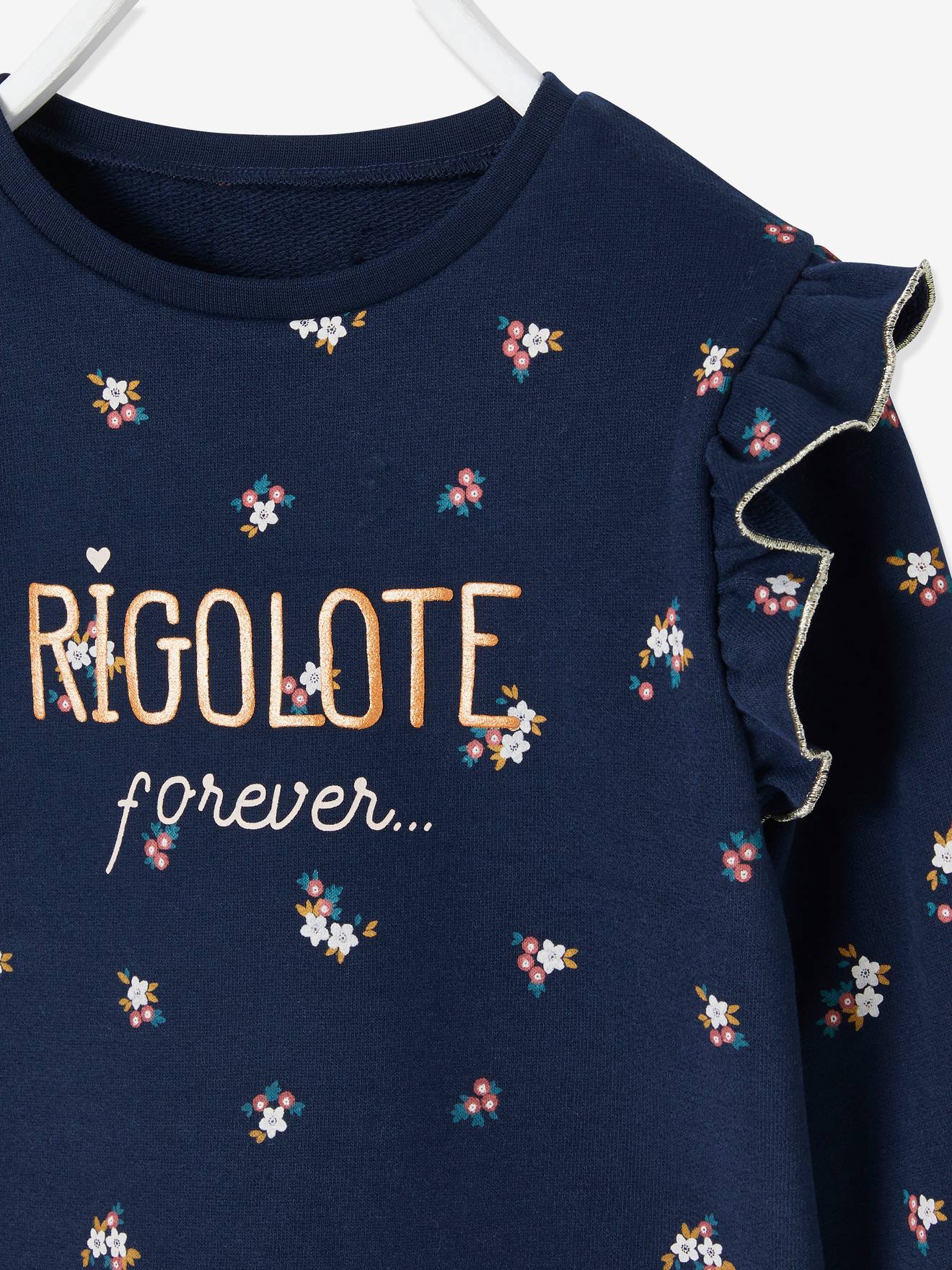 Sweat à volants fille détails fantaisie beige imprimé