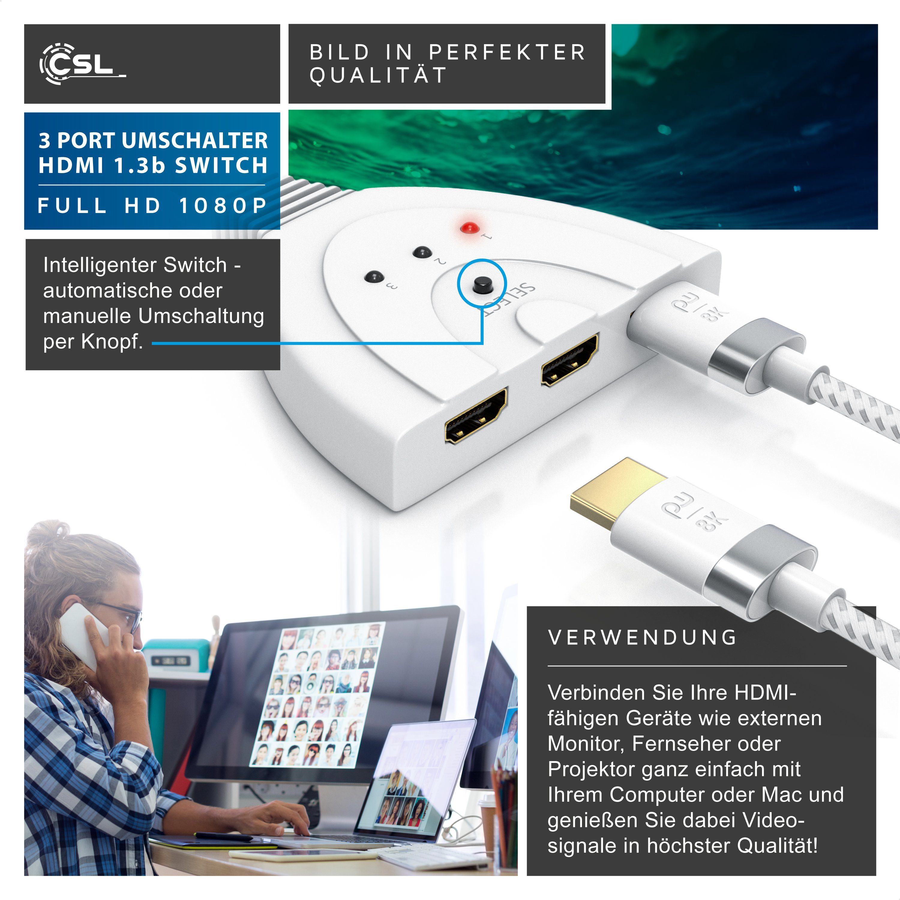 Primewire Audio / Video Matrix-Switch, 3-Port Full HDMI Switch, automatische Umschaltung / 3D / HDCP / CEC