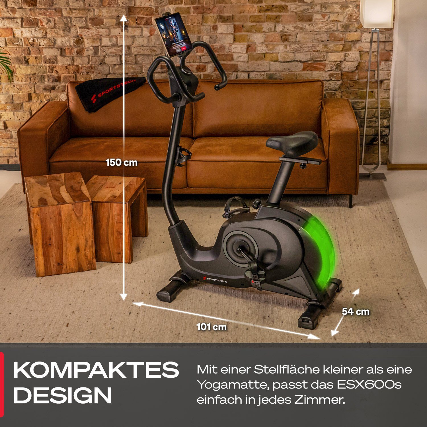 Sportstech Heimtrainer ESX600s, 10kg Schwungmasse mit LED, 360° Tablet-Halterung