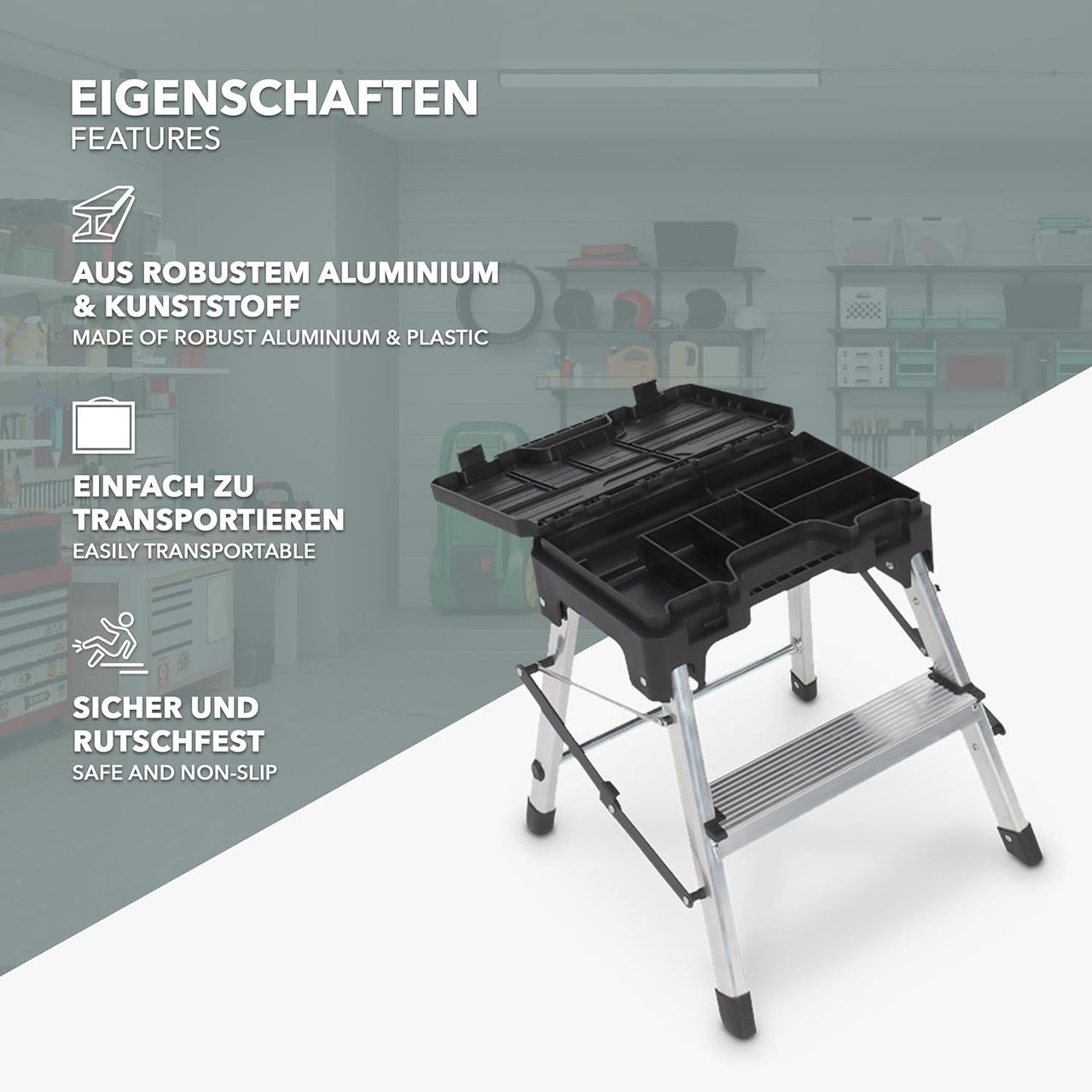 Kraft Werkzeuge Trittleiter zweistufig mit Werkzeugbox