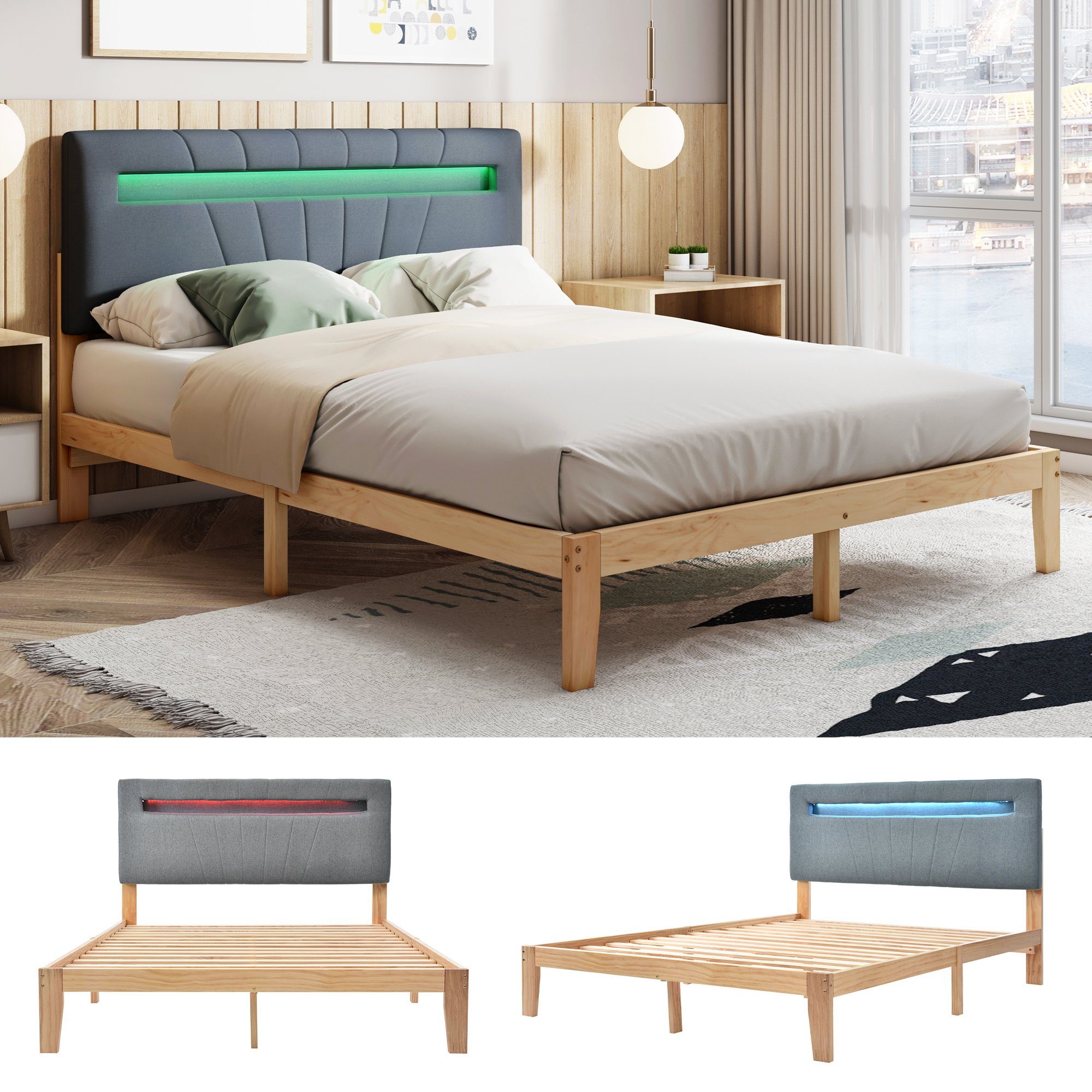 HAUSS SPLOE Holzbett Doppelbett Holzbett Bettrahmen Kinderbett Polsterbett (aus Massivholz Mit Matratze, mit LED-Lichtleiste 140x200 cm)