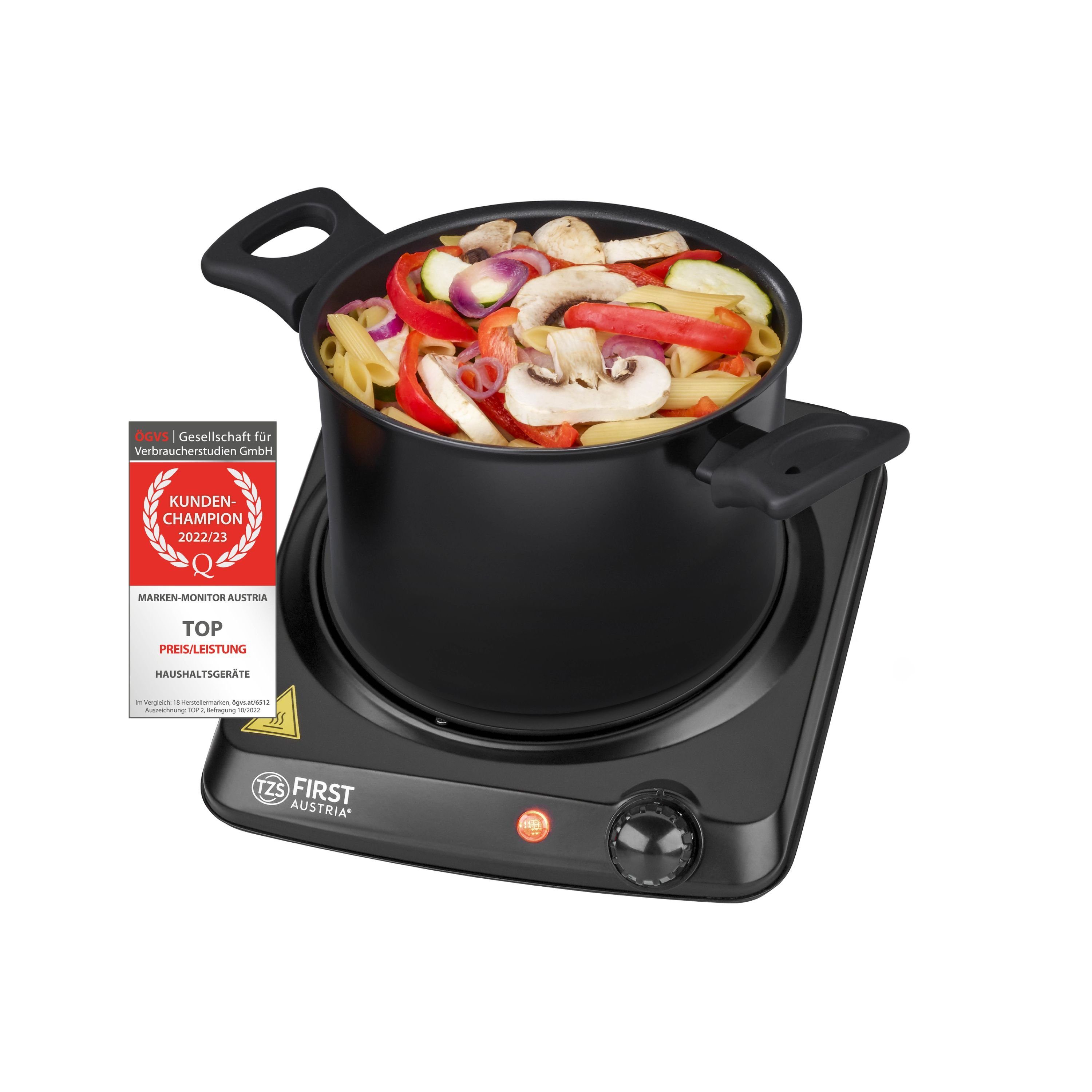 TZS FIRST AUSTRIA Doppelkochplatte Einzelkochplatte 1200W, Glaskeramik, Kochplatte, Herdplatte Camping, 1200W, stufenloser Temperaturregelung, mobile Kochplatte, 17,5 cm