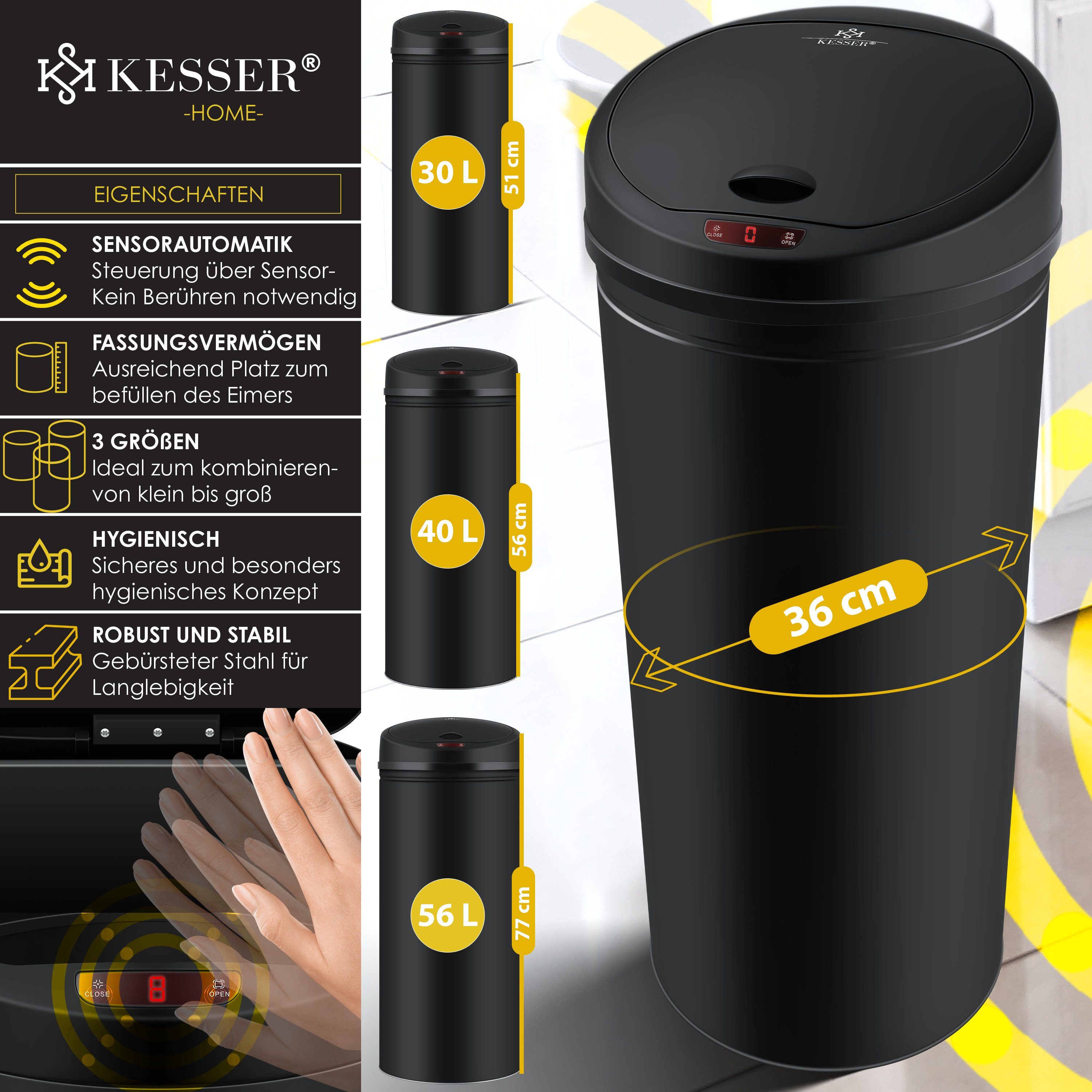 KESSER Mülleimer, Automatik Sensor Mülleimer Abfalleimer Abfall EDELSTAHL