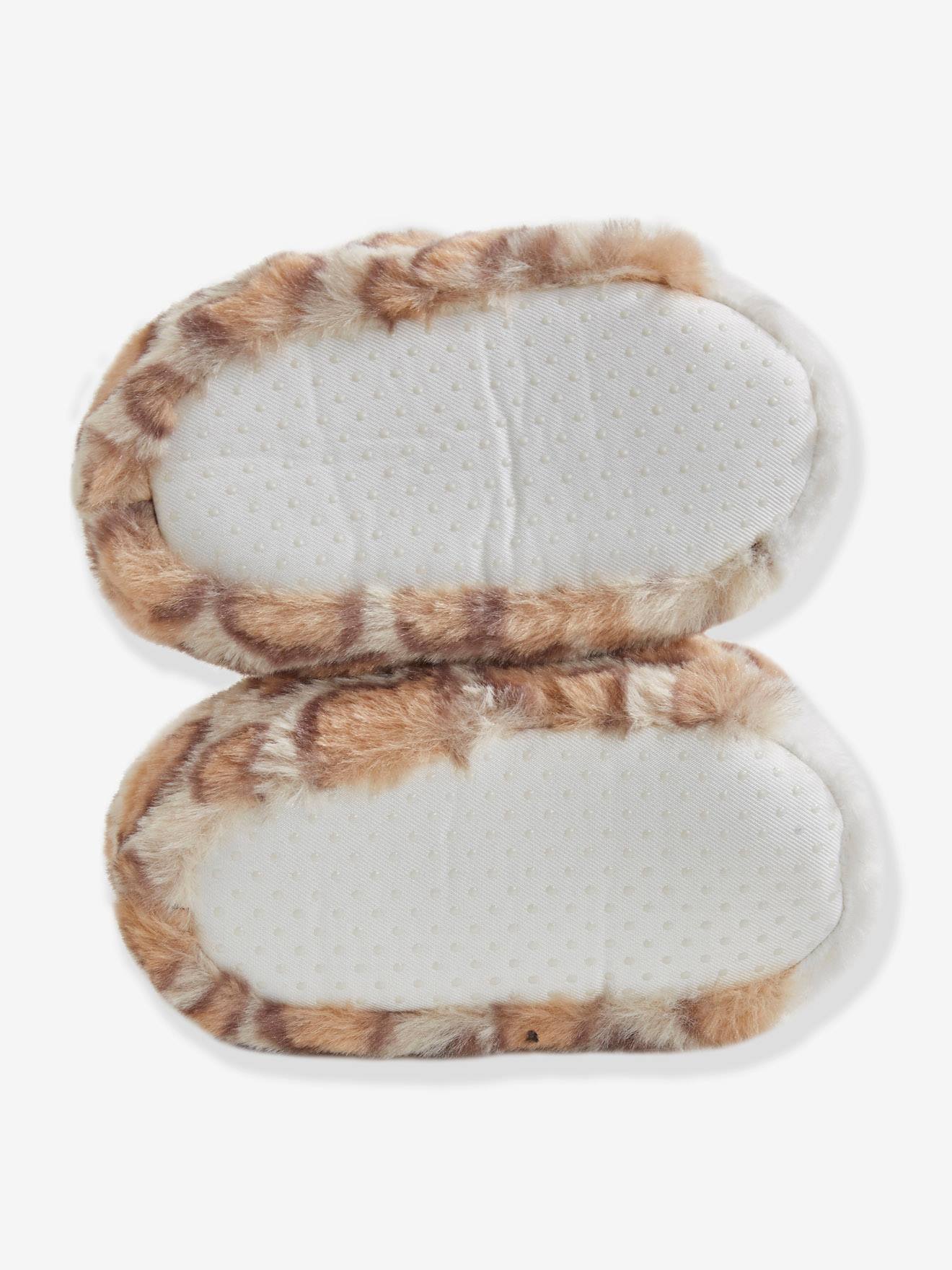 Chaussons bébé garçon esprit peluche beige imprimé léopard